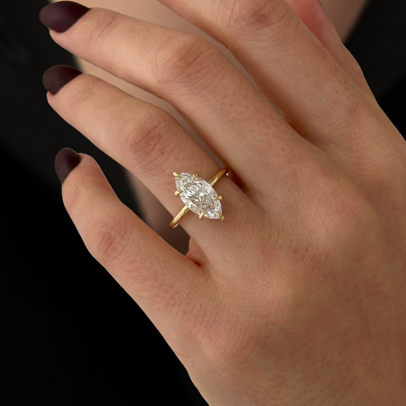 Unique Engagement Ring 14K Gold Marquise Cut Ring with Lab Grown Solitaire Diamond
