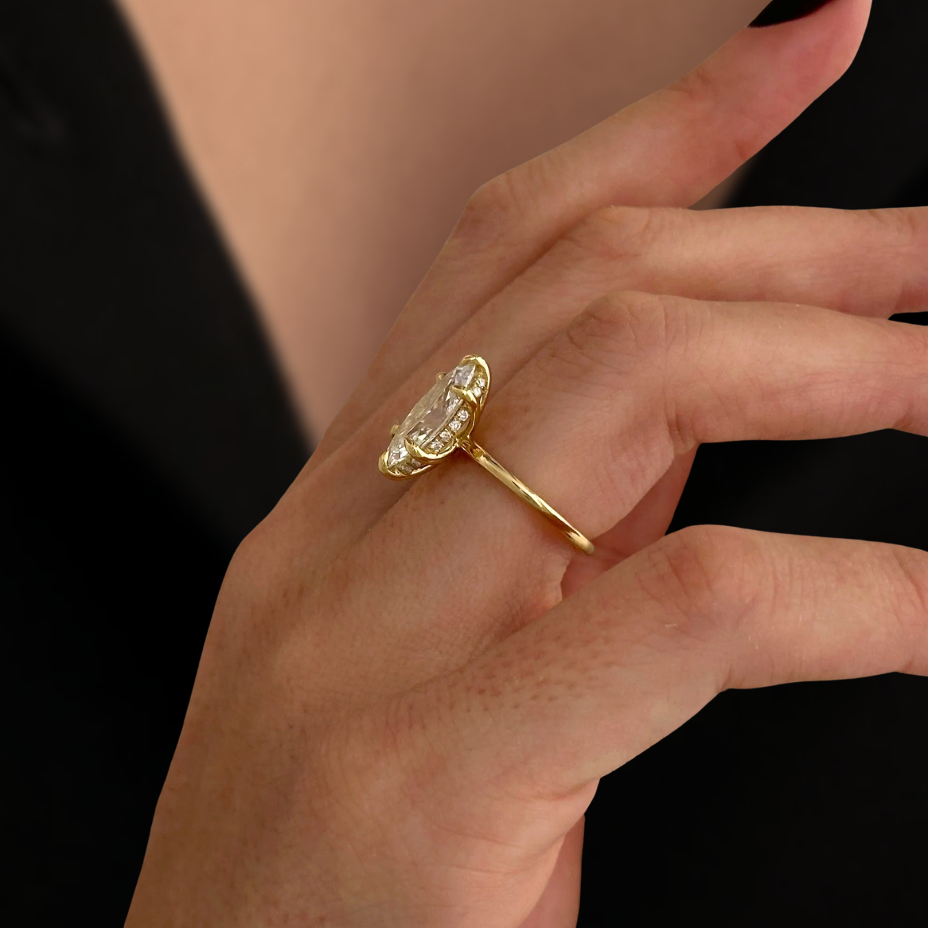 Unique Engagement Ring 14K Gold Marquise Cut Ring with Lab Grown Solitaire Diamond