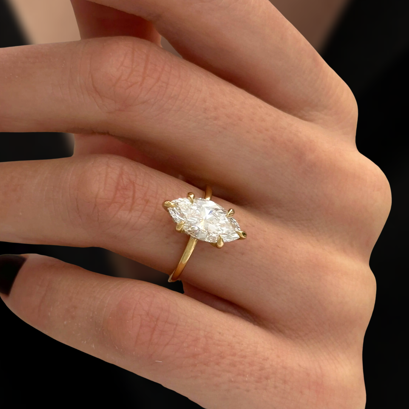 Unique Engagement Ring 14K Gold Marquise Cut Ring with Lab Grown Solitaire Diamond