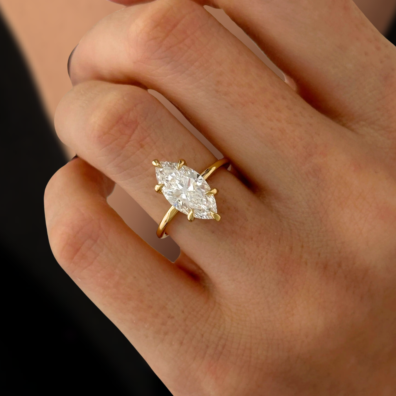 Unique Engagement Ring 14K Gold Marquise Cut Ring with Lab Grown Solitaire Diamond