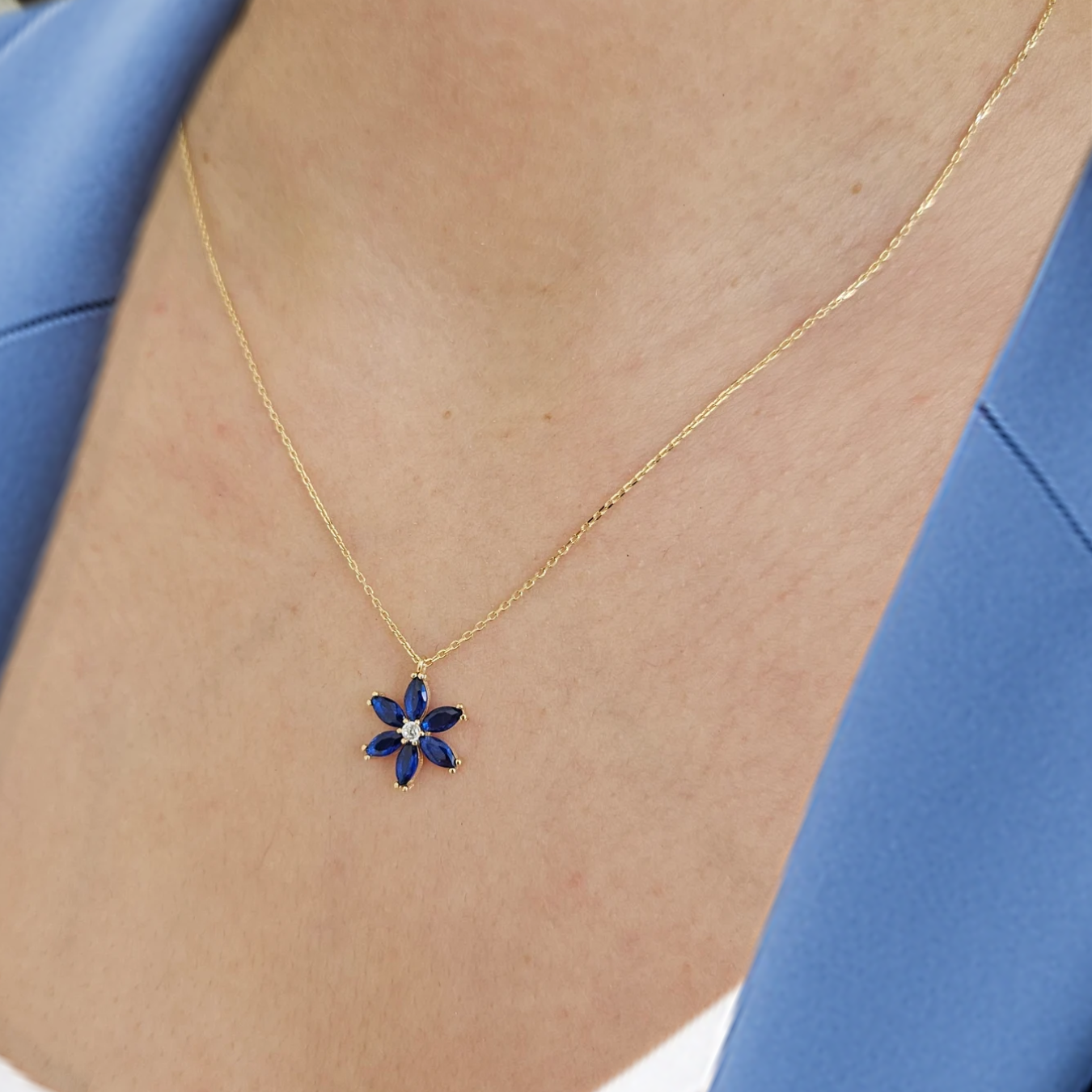 14K Gold September Birthstone Necklace 0.06 CT Flower Necklace