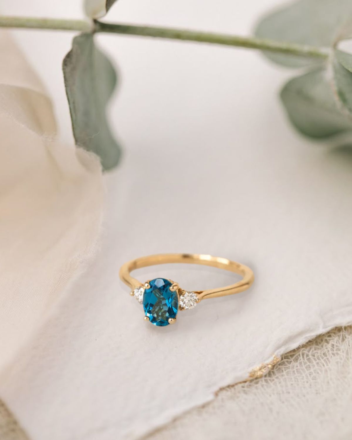14K Solid Gold Blue Topaz Ring With Lab Grown Diamond Accent,Promise Ring