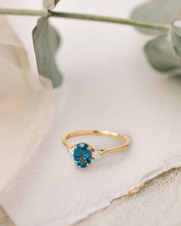 14K Solid Gold Blue Topaz Ring With Lab Grown Diamond Accent,Promise Ring