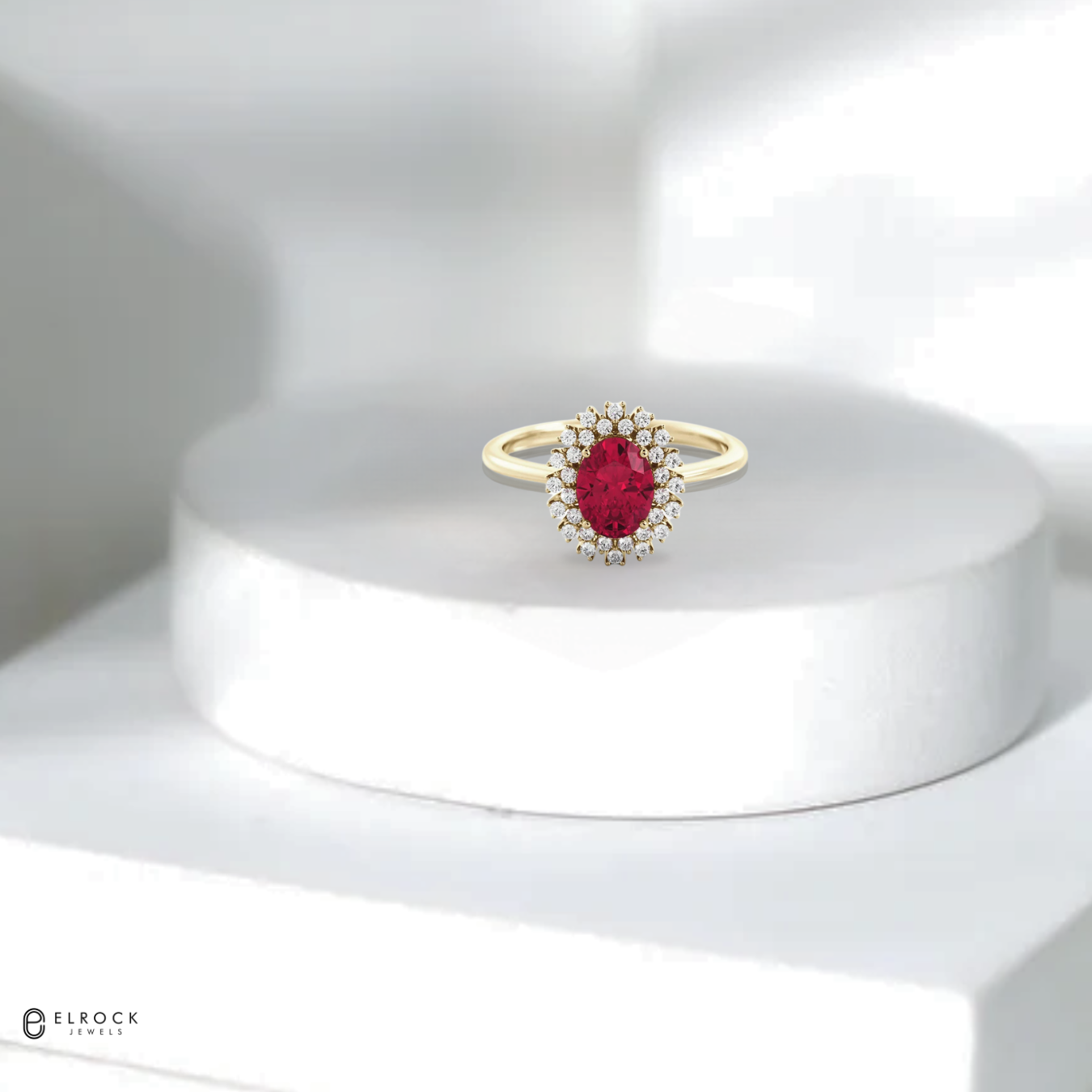 Princess Diana Inspired Red Ruby Gemstone Diamond Halo 14K Engagement Ring
