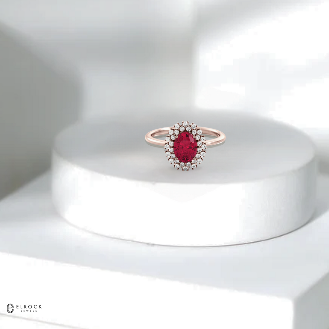 Princess Diana Inspired Red Ruby Gemstone Diamond Halo Engagement Ring
