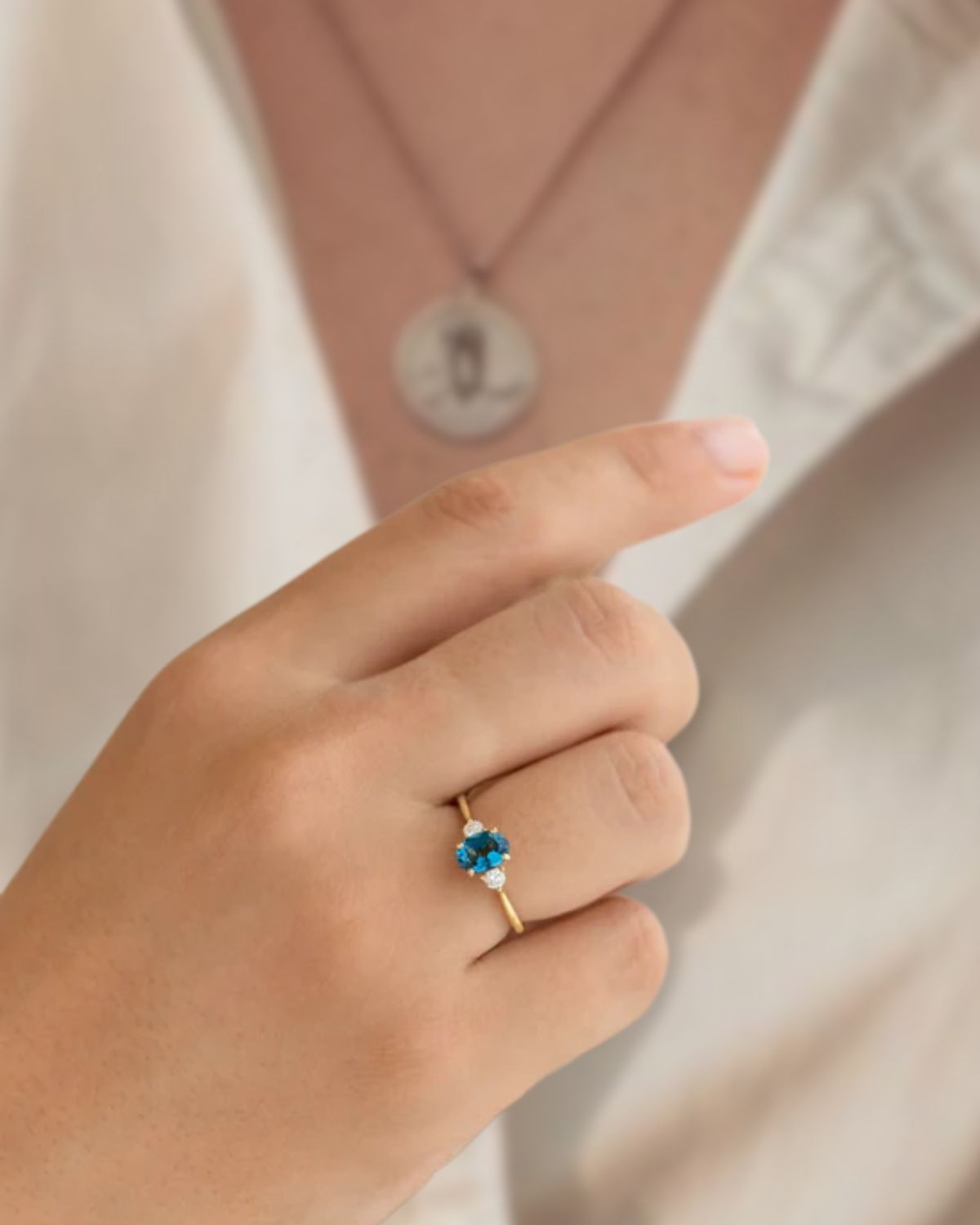 14K Solid Gold Blue Topaz Ring with Lab Grown Diamond Accent.