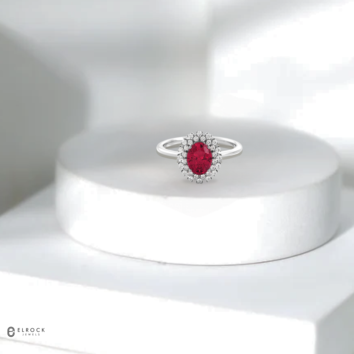 14K Princess Diana Inspired Red Ruby Gemstone Diamond Halo Engagement Ring
