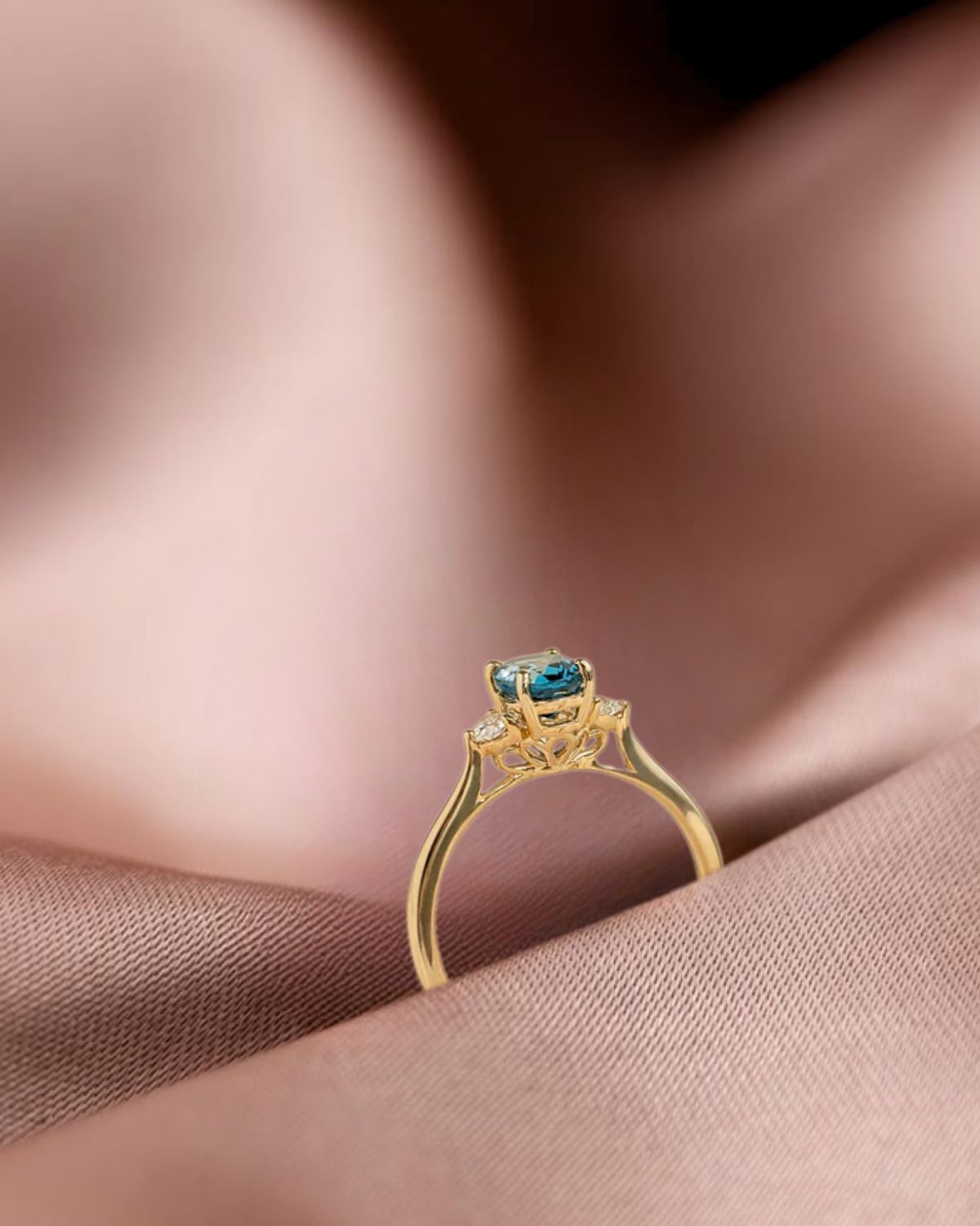14K Solid Gold Blue Topaz Ring with Lab Grown Diamond Accent.
