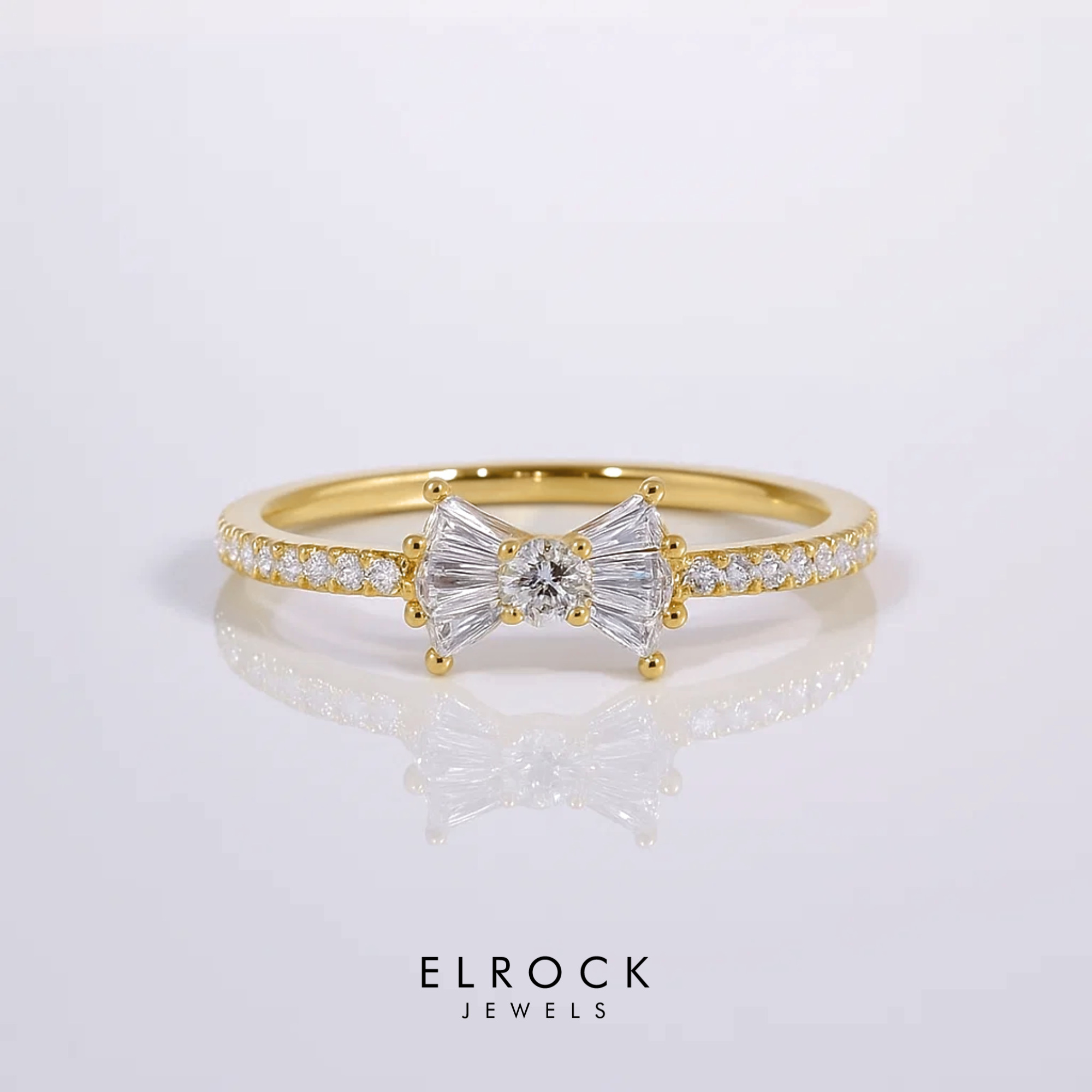 14k Gold Baguette and Round Diamond Bow Ring