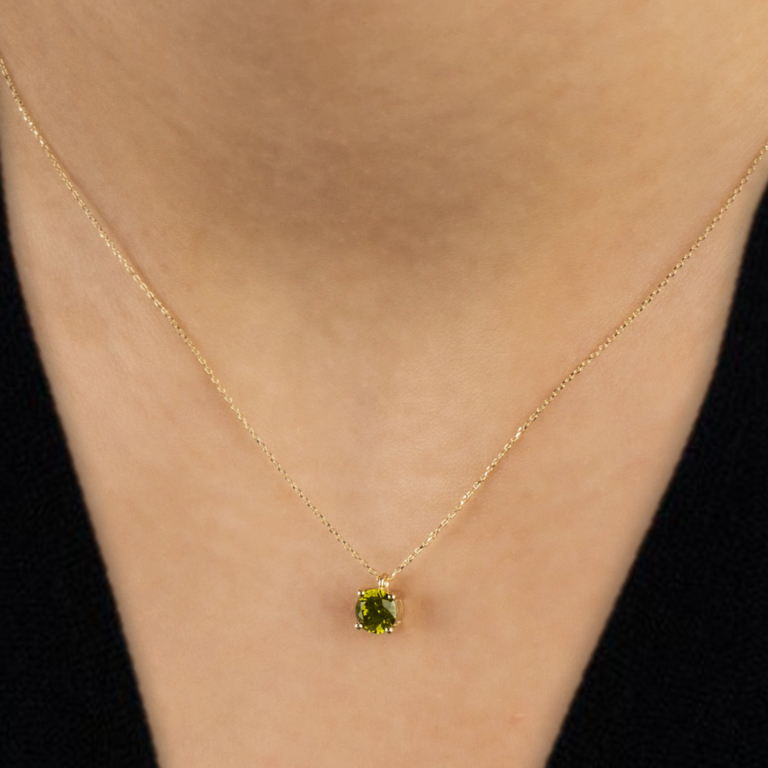 Round Peridot 14K Solid Gold Necklace, August Birthstone Pendant, Minimalist Jewelry