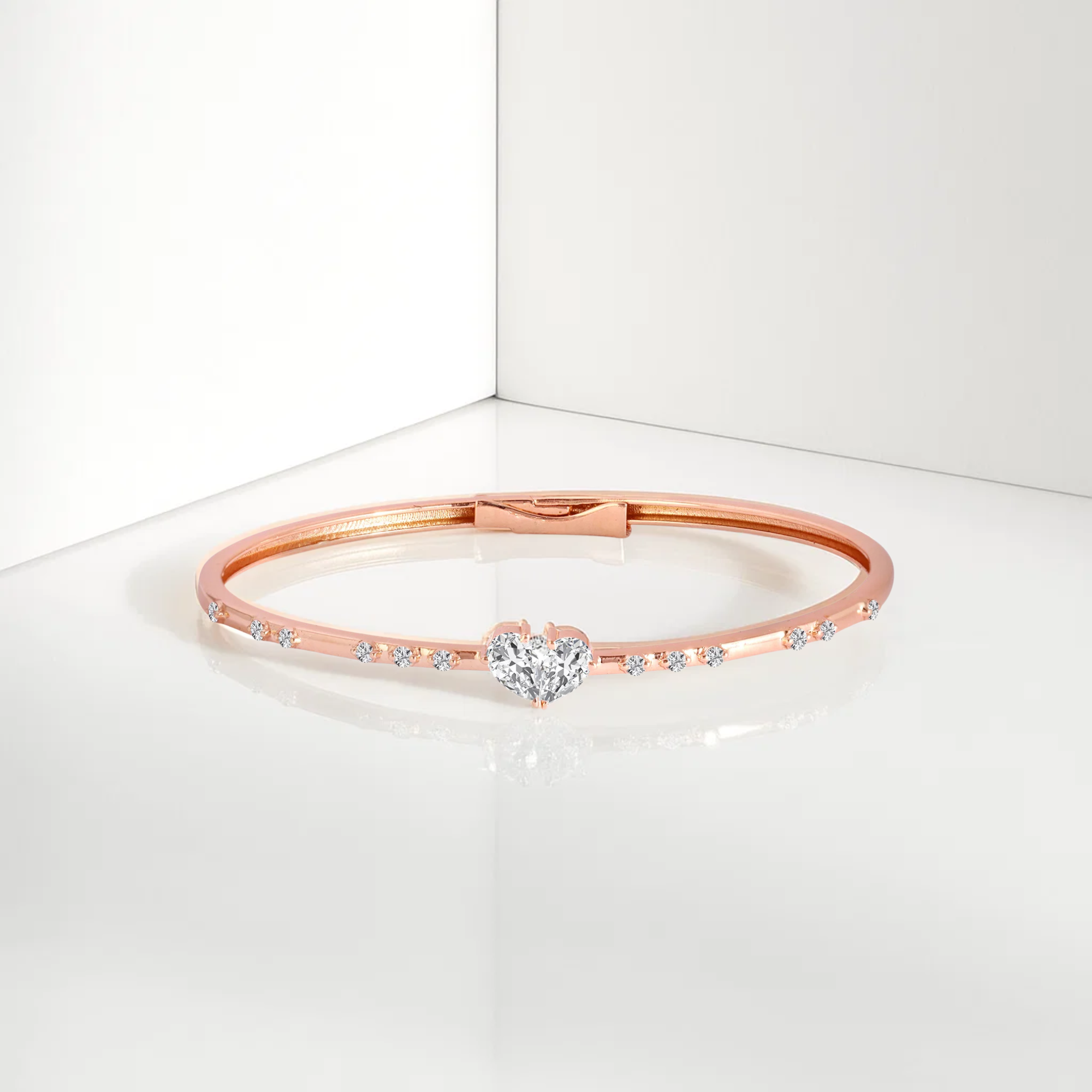 14K Gold Diamond Bangle Heart Shape Solitaire Bracelet