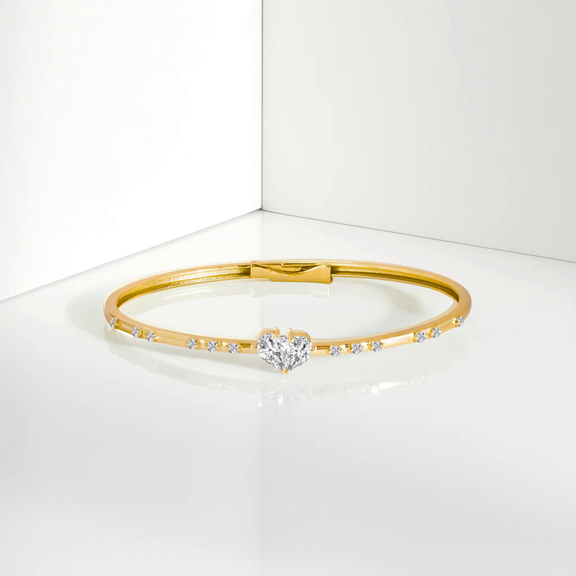 14K Gold Diamond Bangle Heart Shape Solitaire Bracelet