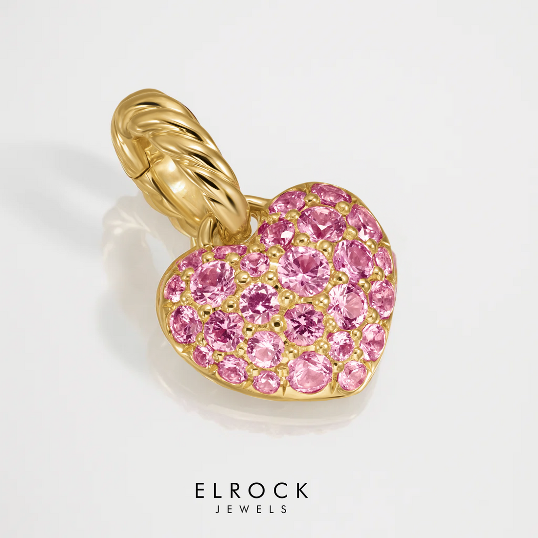 14k Gold Dainty Charm with Pink Sapphires & Diamonds, Pink Heart Pendant Necklace