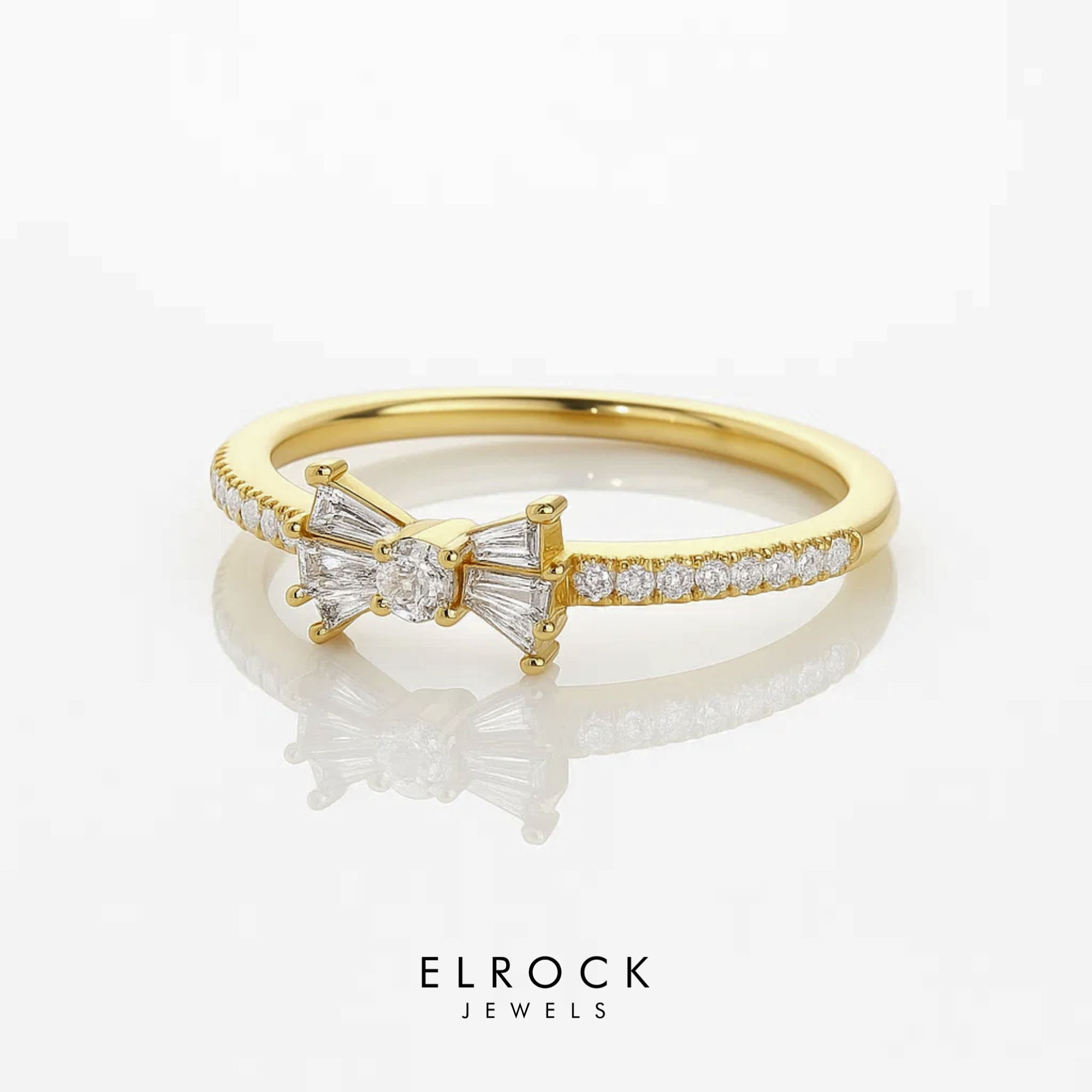 14k Gold Baguette and Round Diamond Bow Ring