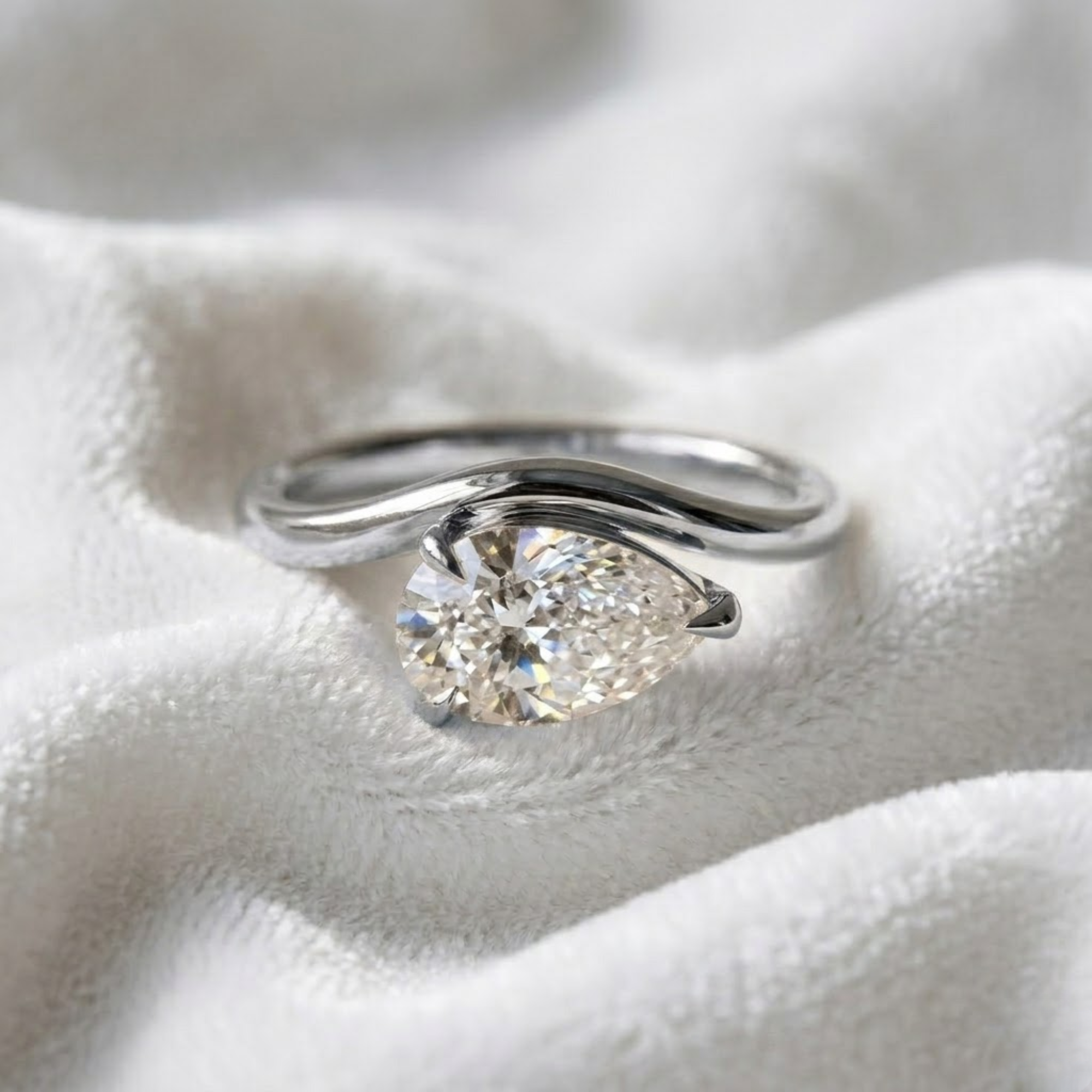 14K Gold Pear Shaped Wave Engagement Ring