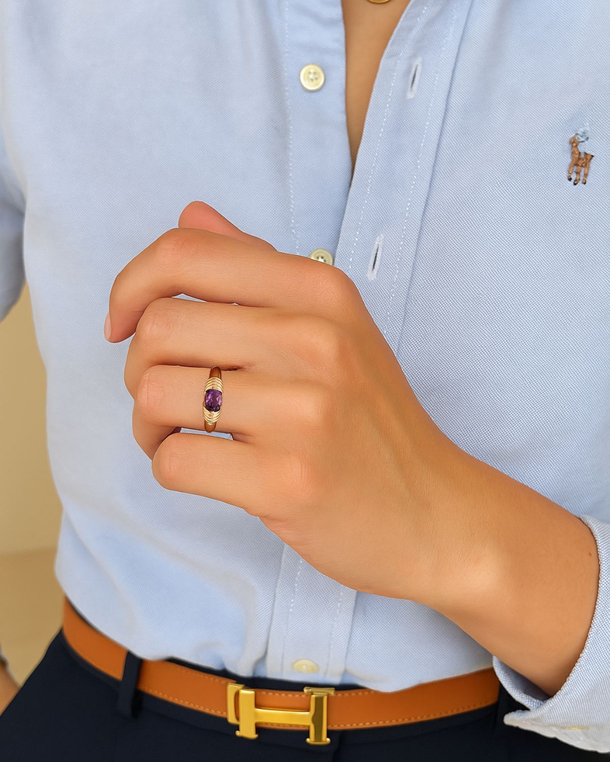 14K Solid Gold Amethyst Ring, Oval Shape Amethyst Ring.