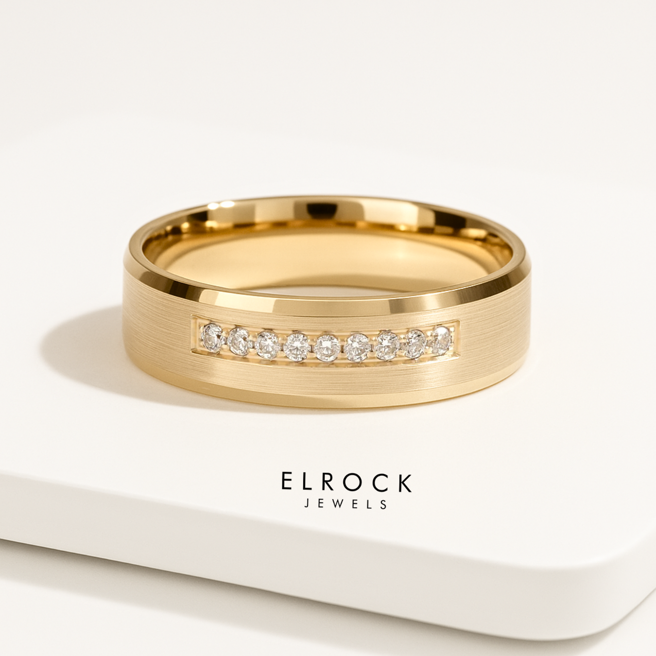 6mm Solid Gold Men's Nine-Stone Diamond Wedding Band with Beveled Edges 14k, Solid Gold Wedding Rings for Men