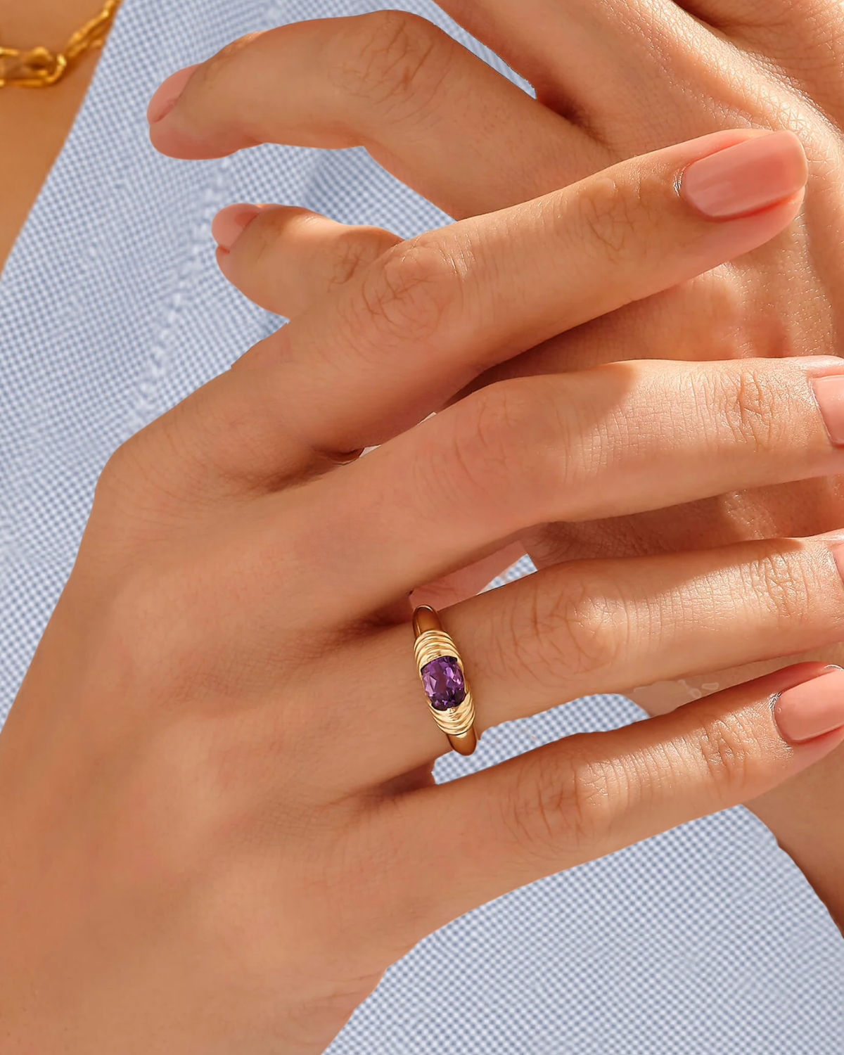 14K Solid Gold Amethyst Ring, Oval Shape Amethyst Ring.