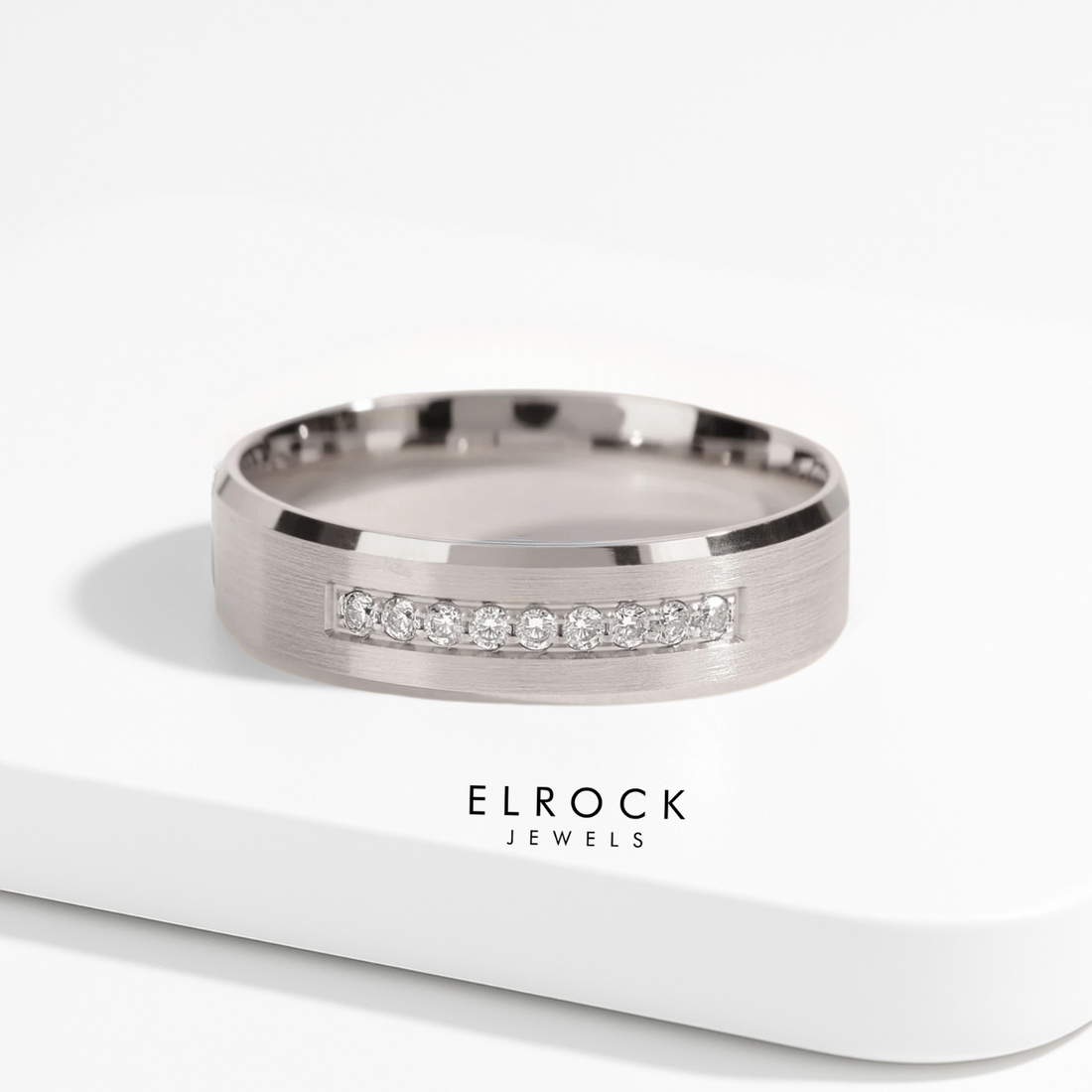 6mm Solid Gold Men's Nine-Stone Diamond Wedding Band with Beveled Edges 14k, Solid Gold Wedding Rings for Men