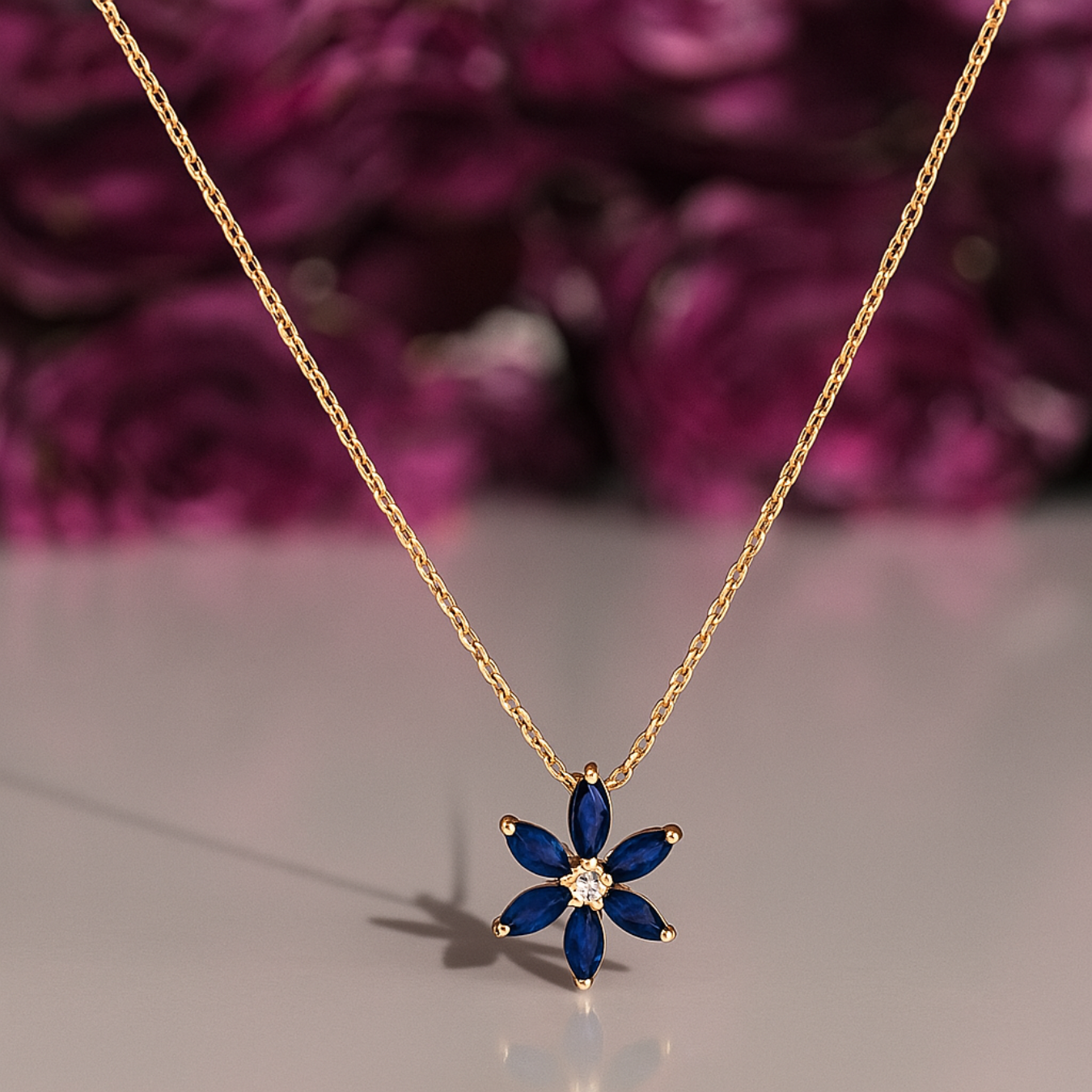 14K Gold September Birthstone Necklace 0.06 CT Flower Necklace