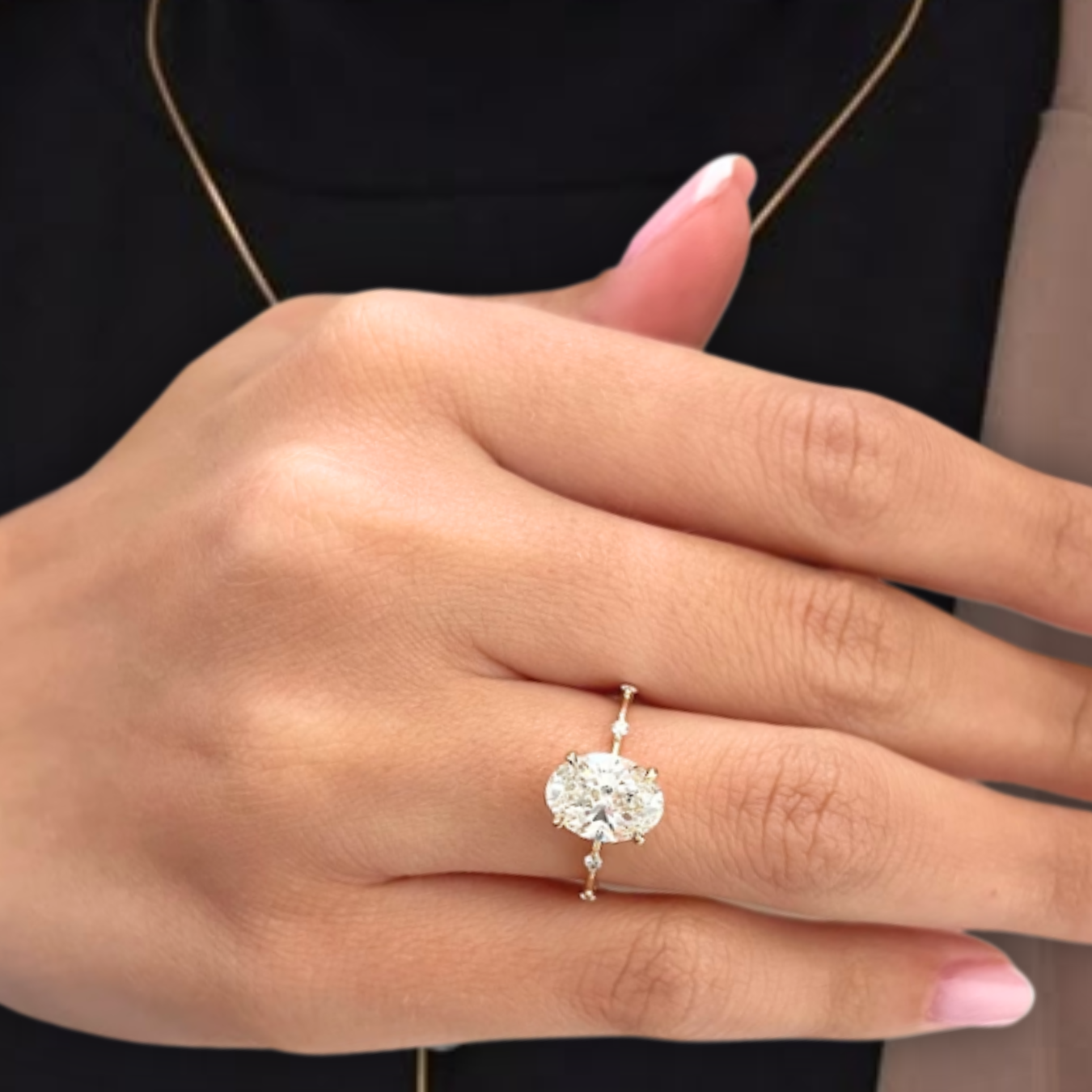 14K Gold 2 CT Oval Diamond Thin Elongated Oval Diamond Ring