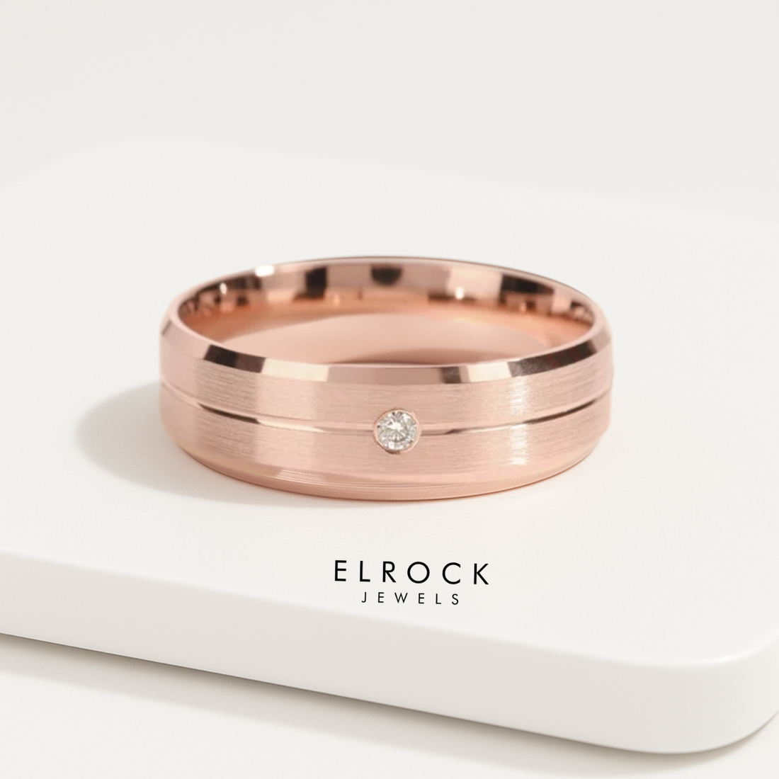 14K Flush Set Men's Diamond Wedding Band with Beveled Edges | 6mm Solid Gold Diamond Wedding Ring