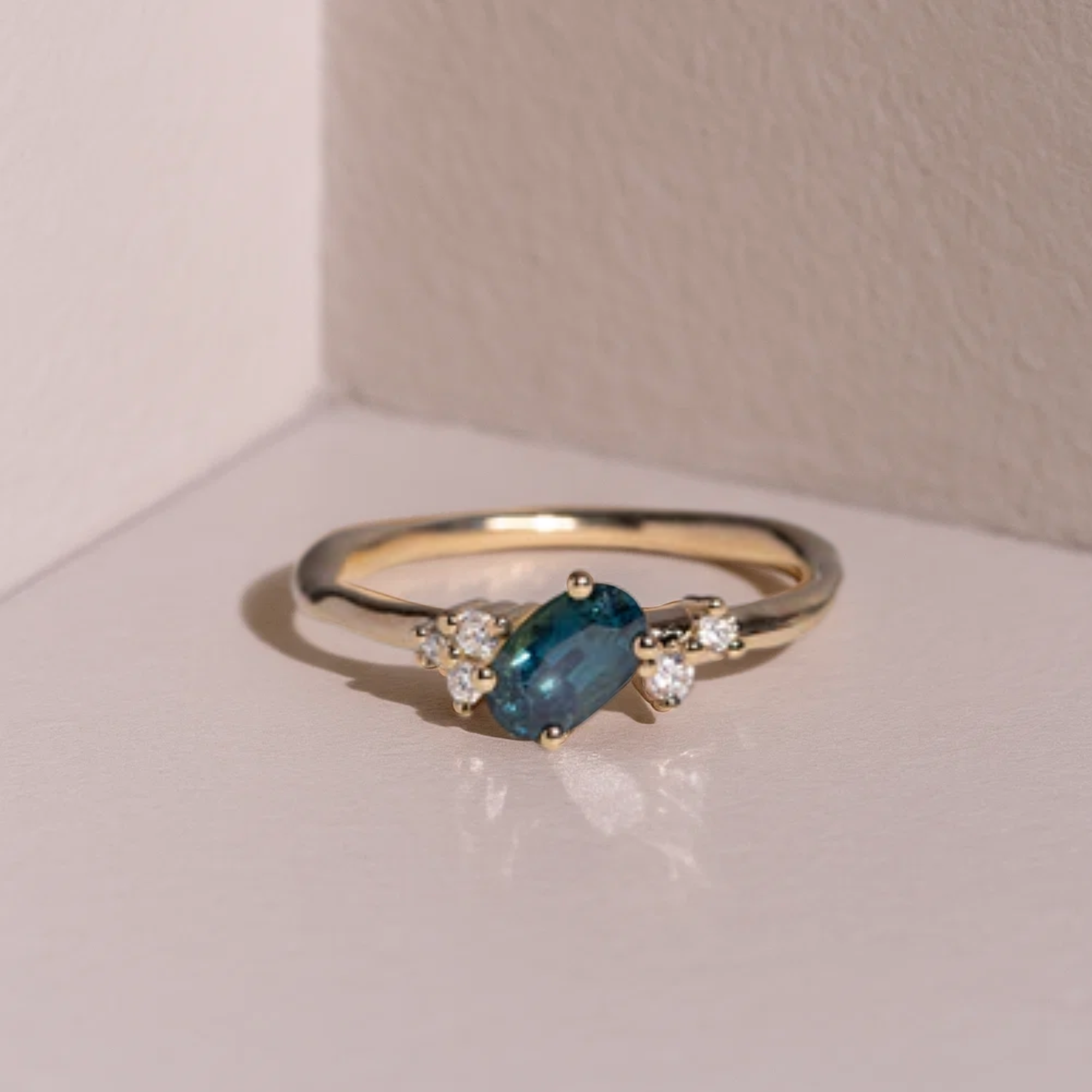 14K Gold Blue Sapphire  Oval Teal Engagement Ring