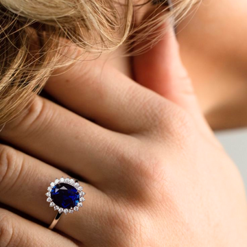 Oval Sapphire Ring Lab Grown Diamond Halo in 14K Solid Gold