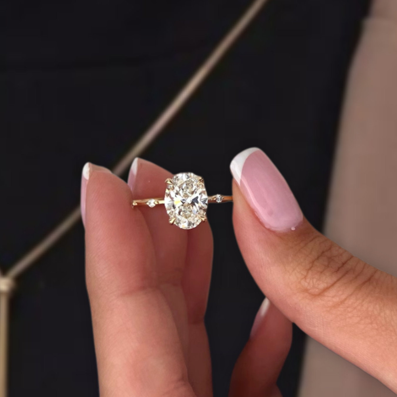 14K Gold 2 CT Oval Diamond Thin Elongated Oval Diamond Ring