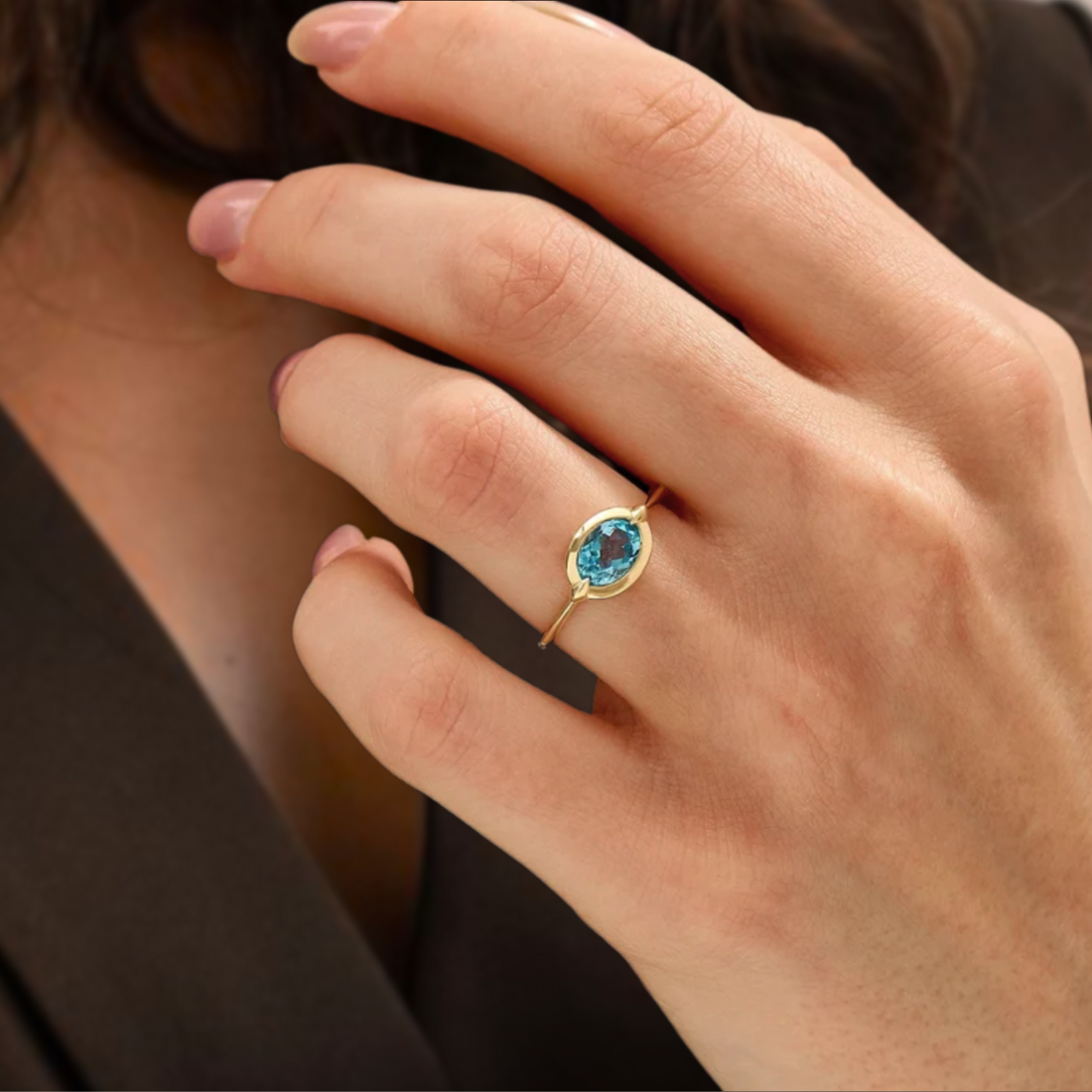 14k Solid Gold Bezel Topaz Ring, Chunky Blue Topaz Anniversary Ring, Oval Solitaire Ring Women