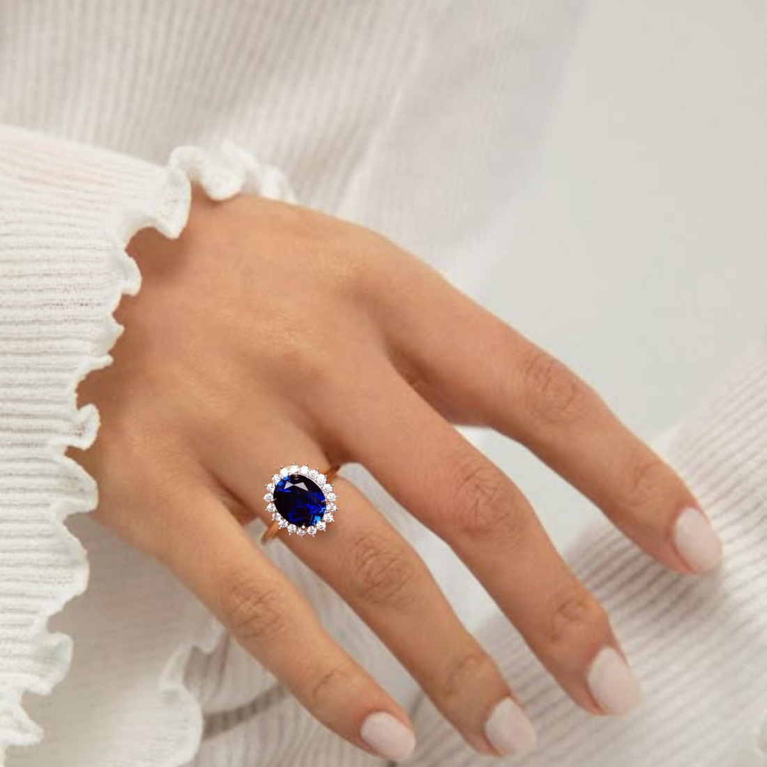 Oval Sapphire Ring Lab Grown Diamond Halo in 14K Solid Gold