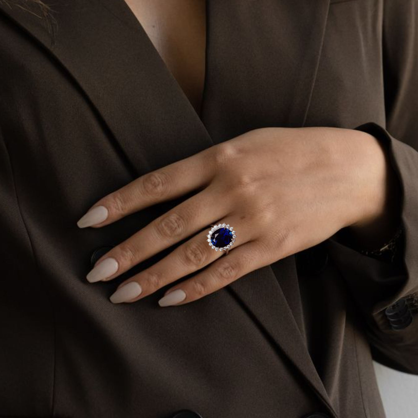 14K Solid Gold Oval Sapphire Lab Grown Diamond Halo Ring