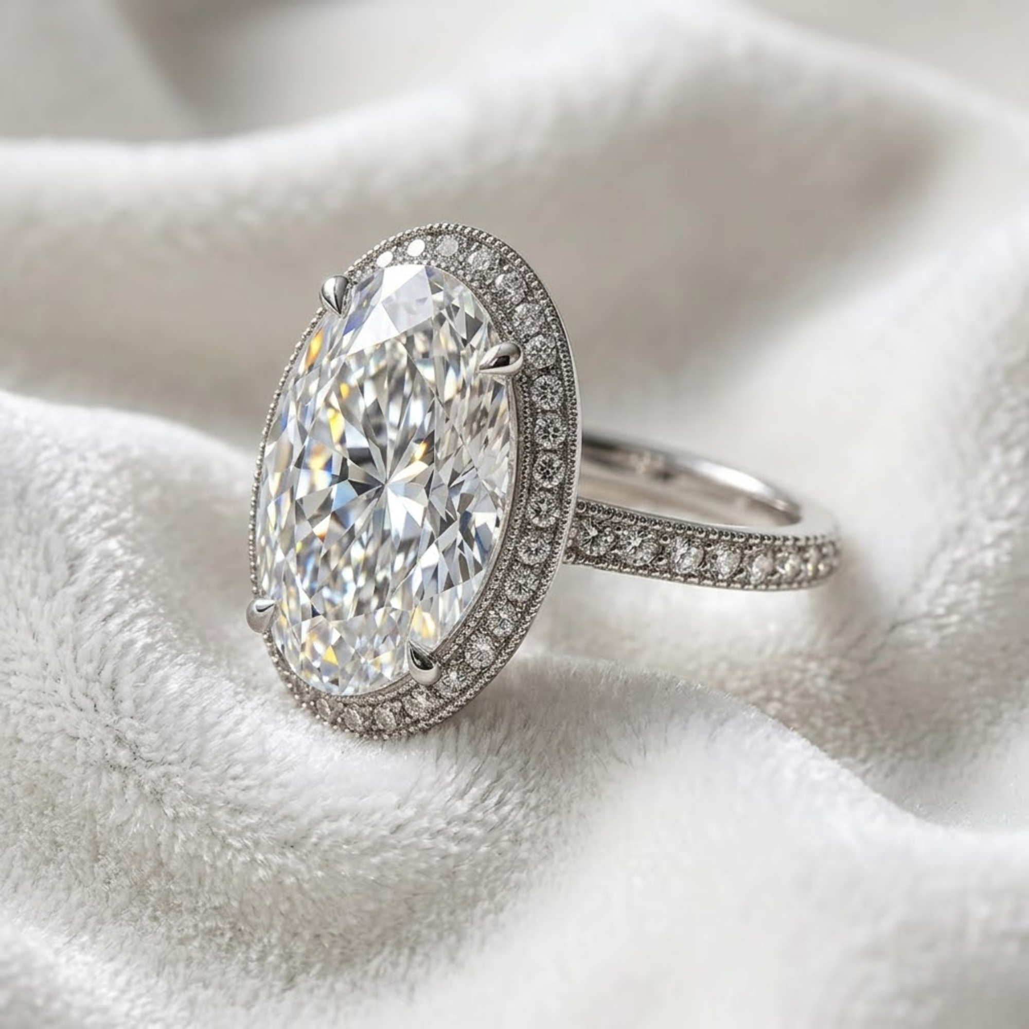 14K Gold Oval Halo Elongated Oval Diamond Set Engagement Ring