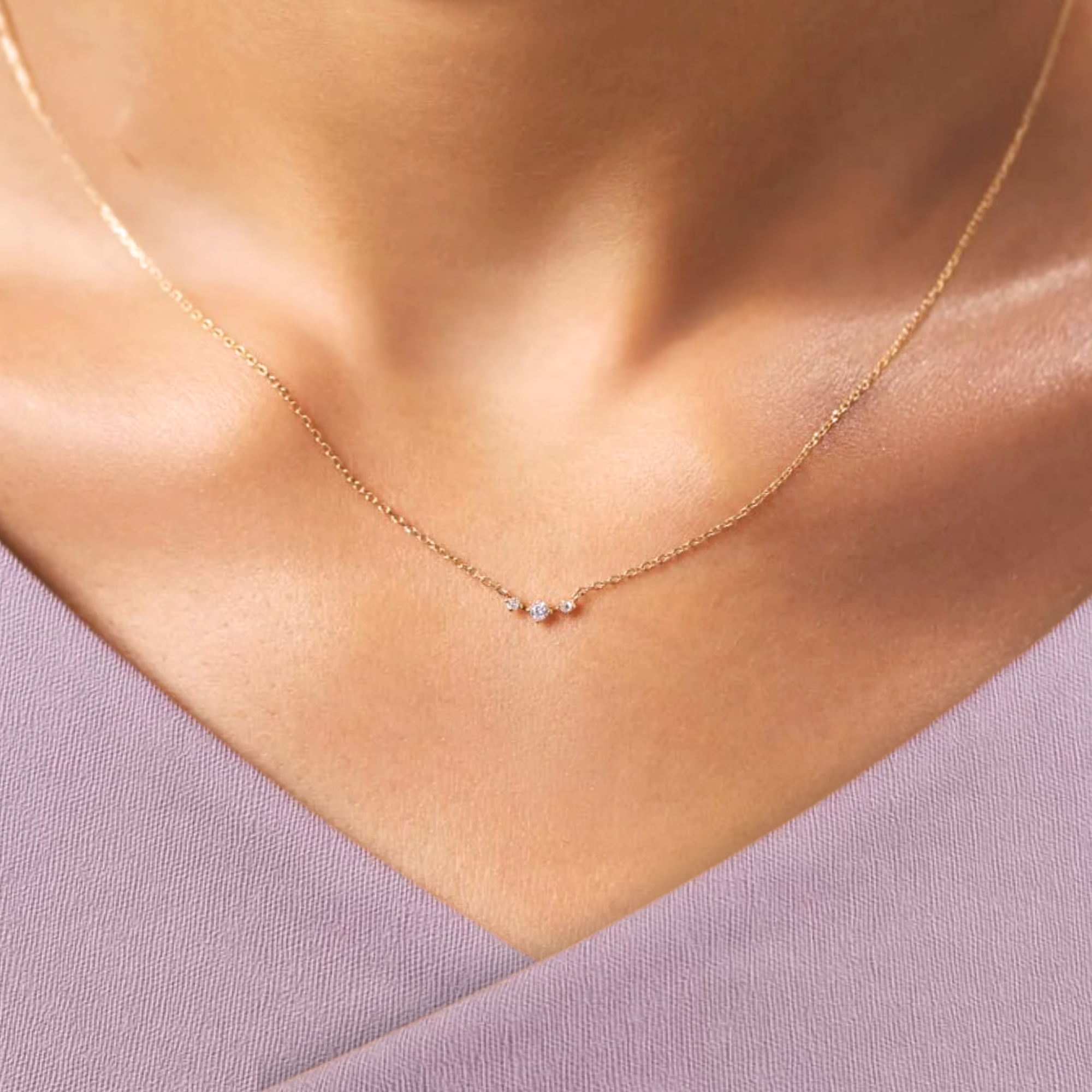 14K Gold Three Stone Diamond Necklace