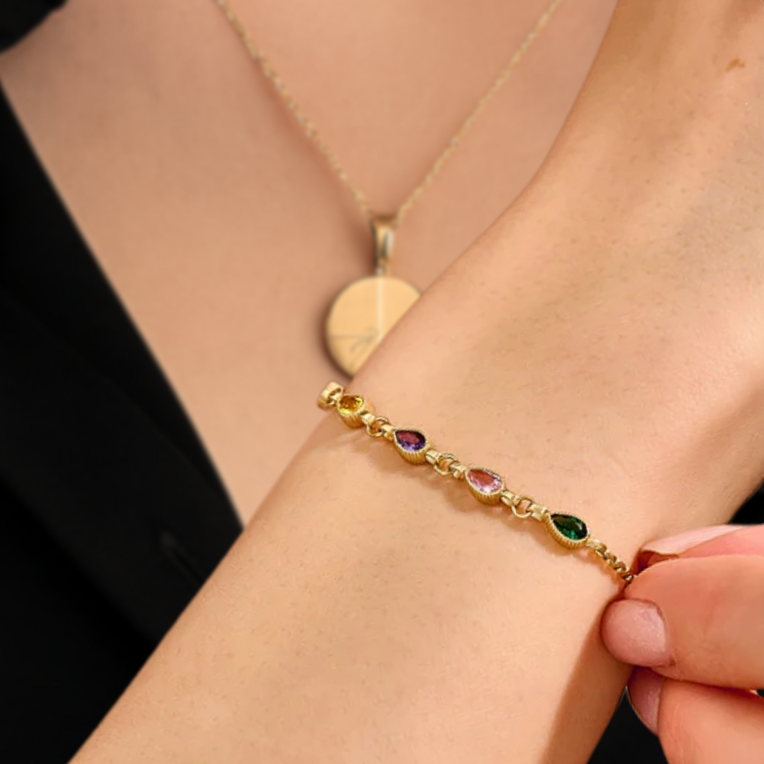 Pear Cut Multi Birthstone Bracelet, 14K Gold Pear Cut Gemstone Bracelet