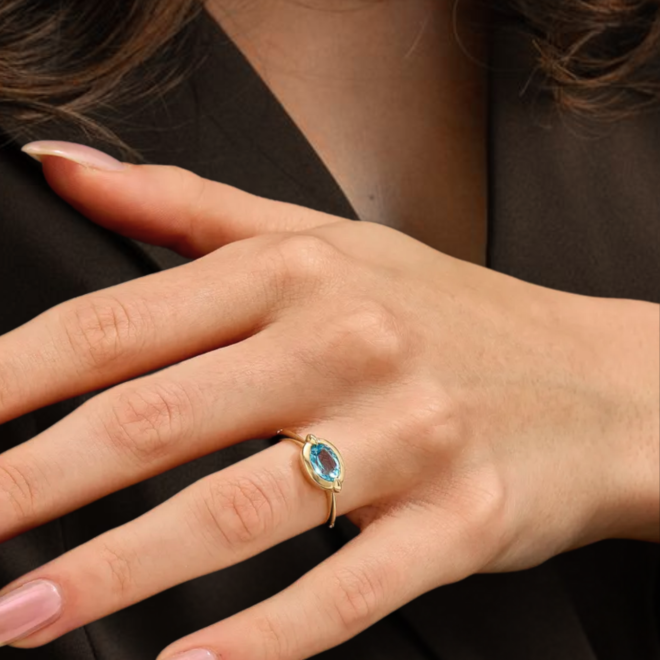  Solid Gold Bezel Topaz Ring, Chunky Blue Topaz Anniversary Ring