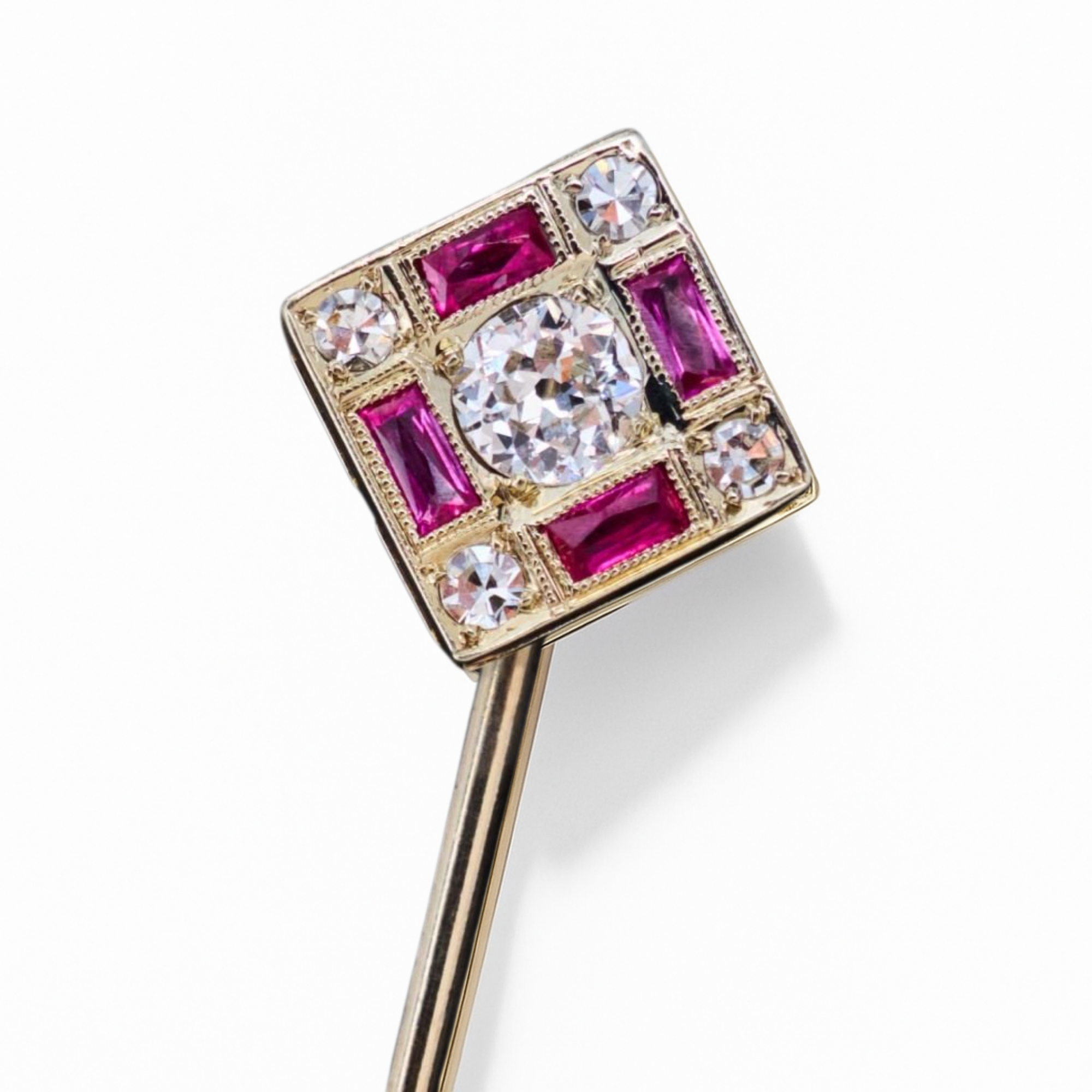 14K Gold Baguette Cut Gemstones Vintage Ruby and Diamond Brooch