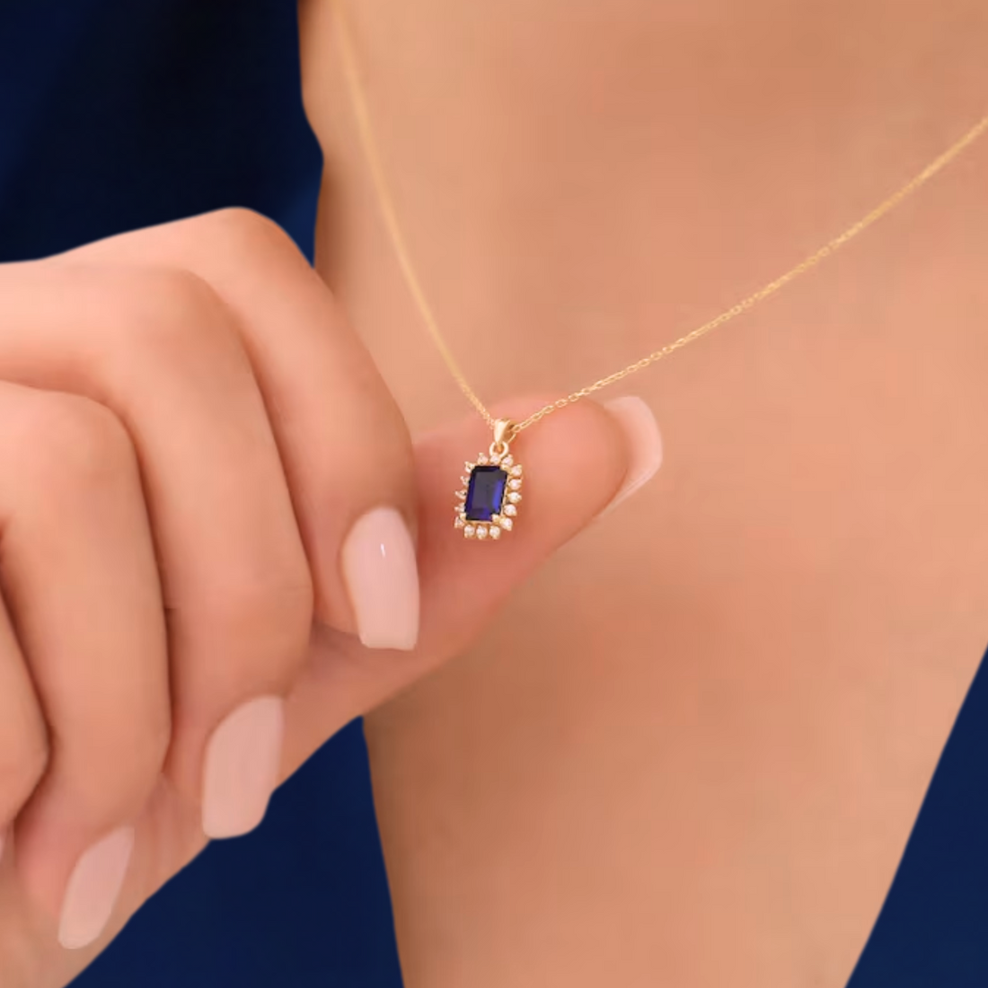 Sapphire Surrounded By Lab grown Diamond Necklace | 14K Solid Gold Pendant