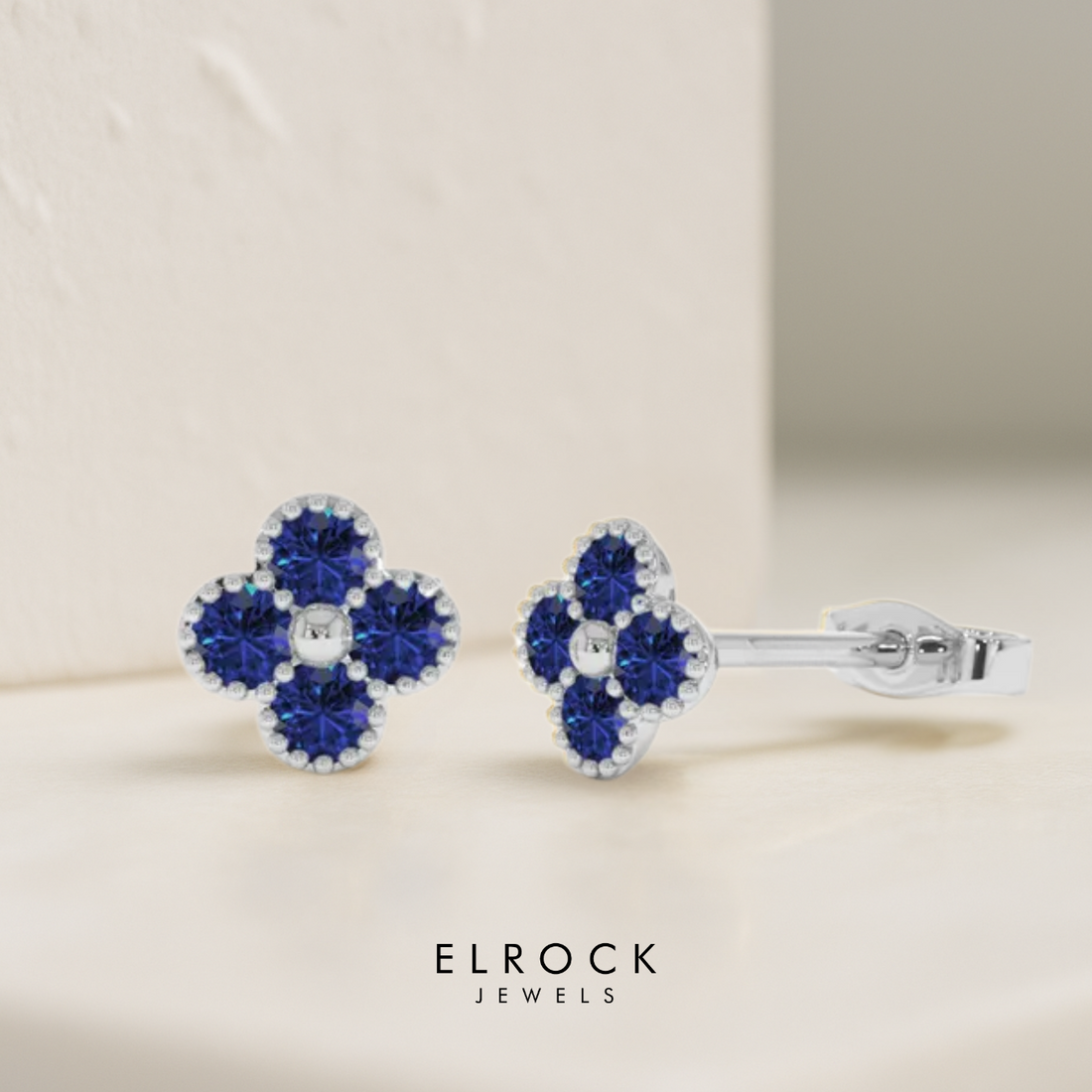 14K Solid Gold Sapphire Flower Clover Stud Earrings, Sapphire Clover Studs