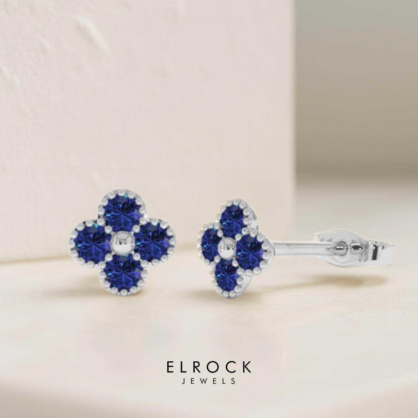 14K Solid Gold Sapphire Flower Clover Stud Earrings