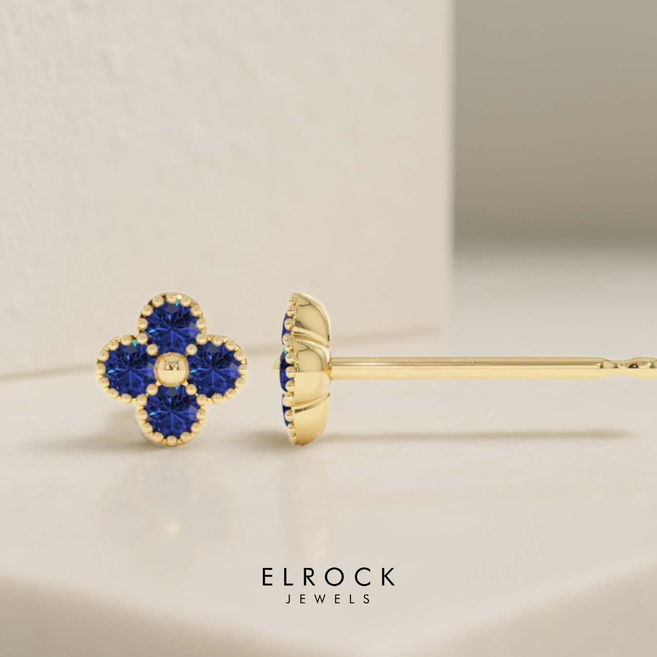 14K Solid Gold Sapphire Flower Clover Stud Earrings