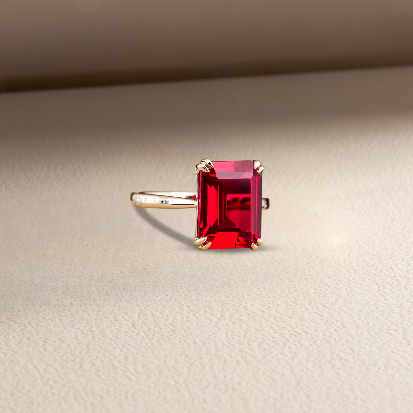14K ,3.50ct Emerald Cut Lab Created Ruby Solitaire Minimalist Ring