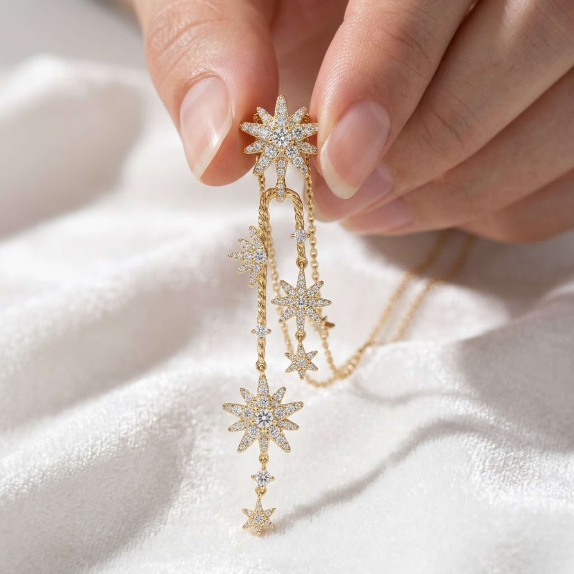 14K Starburst Cluster Necklace, Dainty Star Drop Necklace for Women