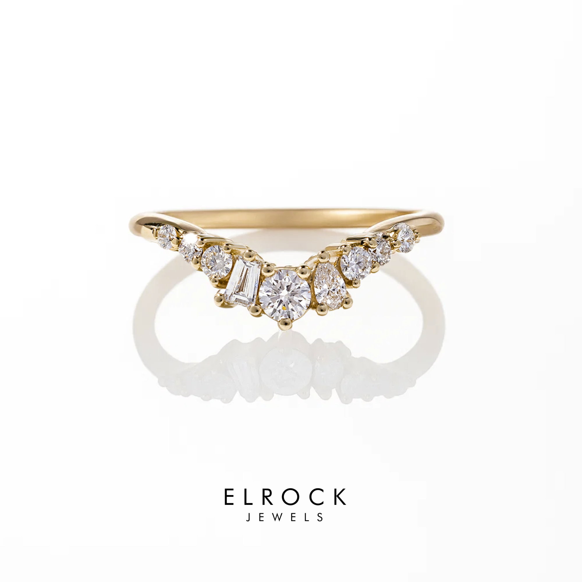 14K Yellow Gold, Multi Shaped Lab Diamond Curved Wedding Band, Engagement Alternative Ring