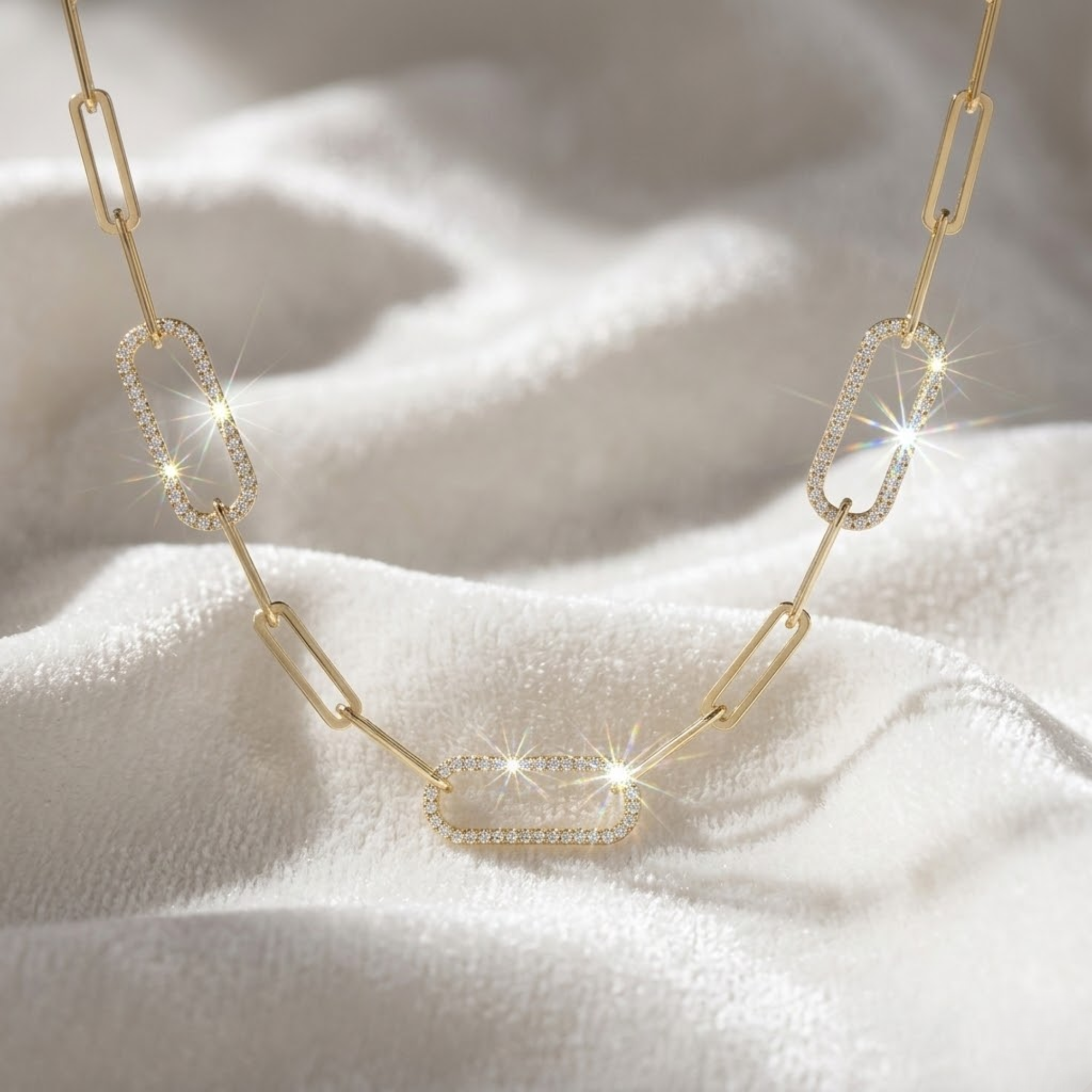 14k Gold Diamond Link Layering Gold Paperclip Chain Necklace