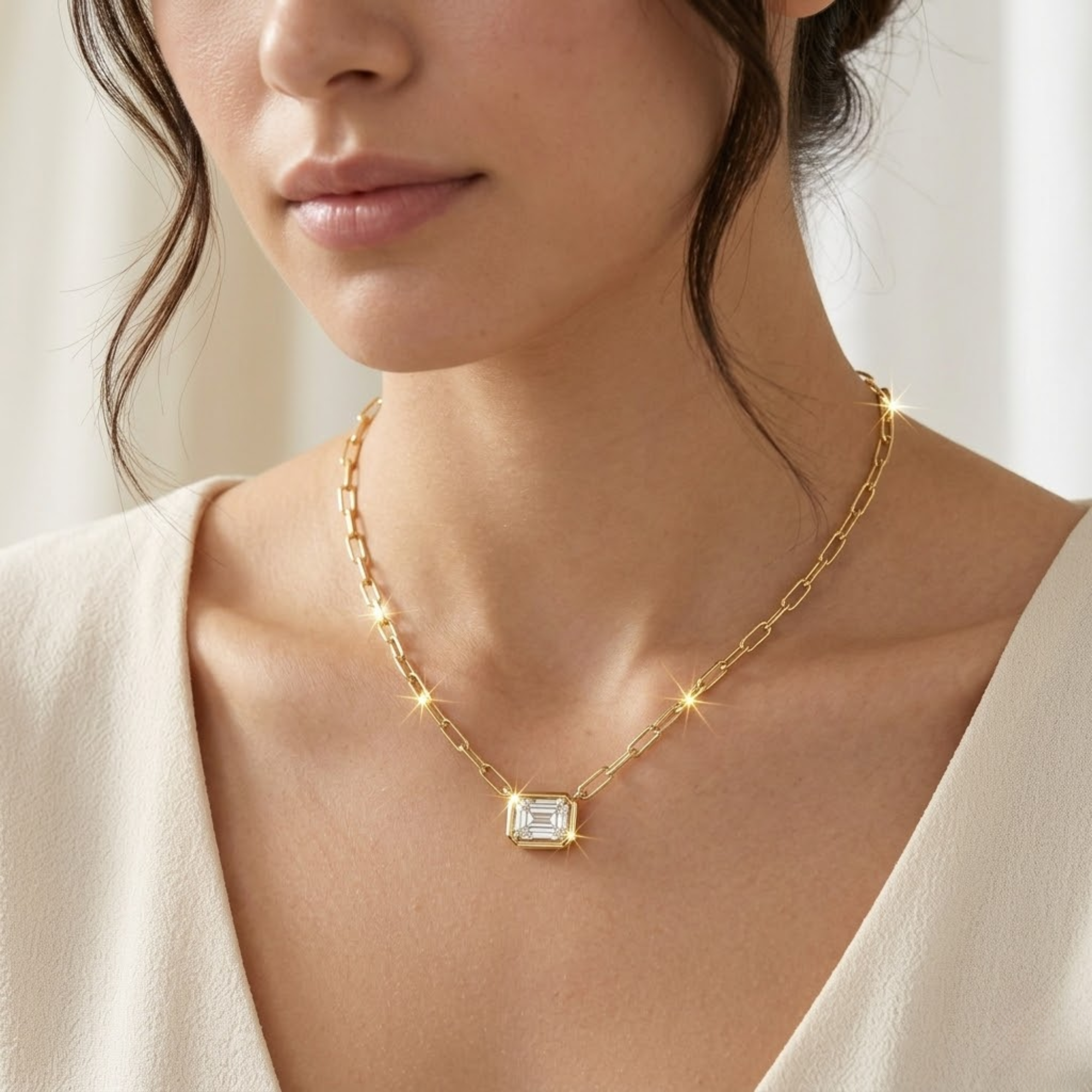 14K East West Emerald Lab Grown Diamond Bezel Necklace