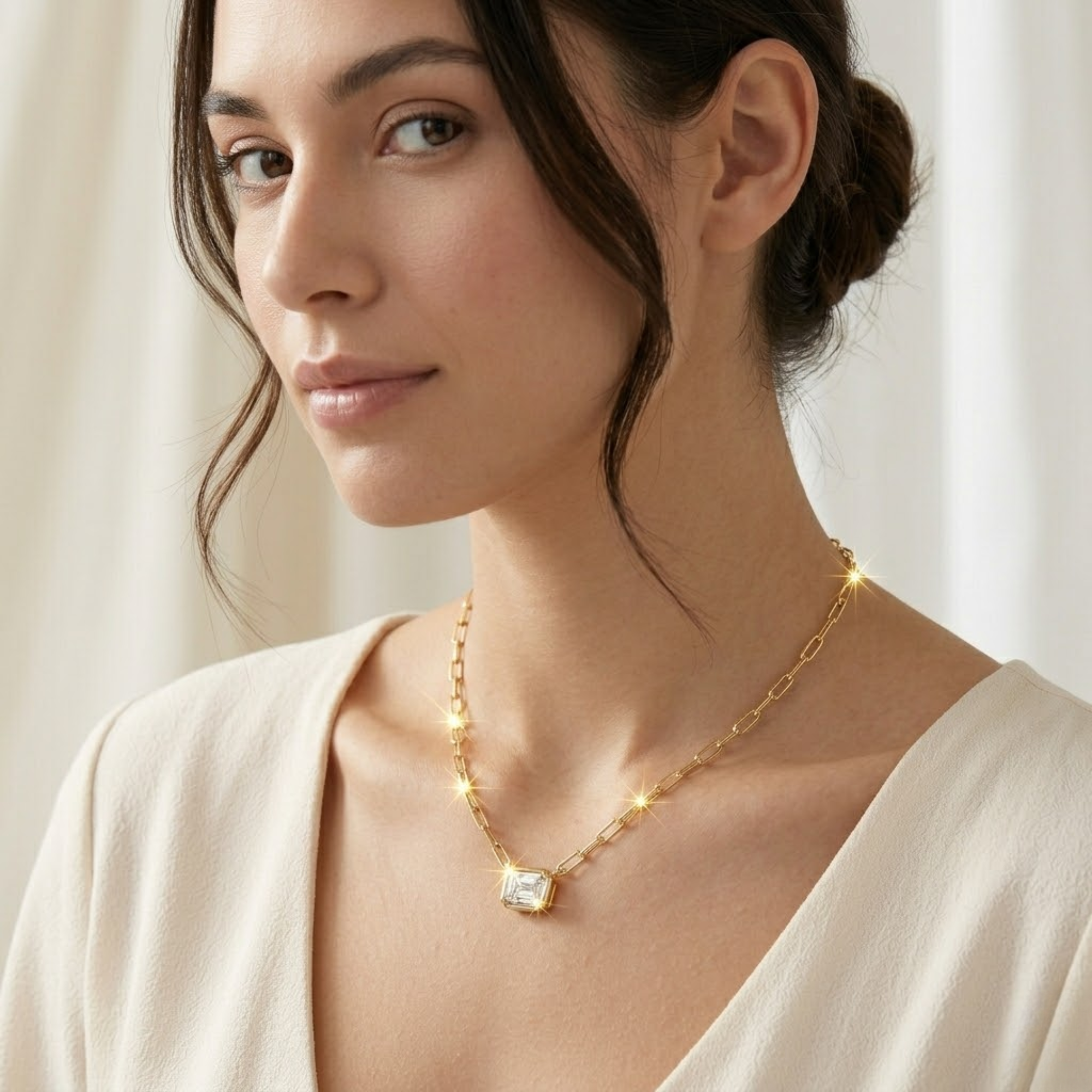 14K East West Emerald Lab Grown Diamond Bezel Necklace