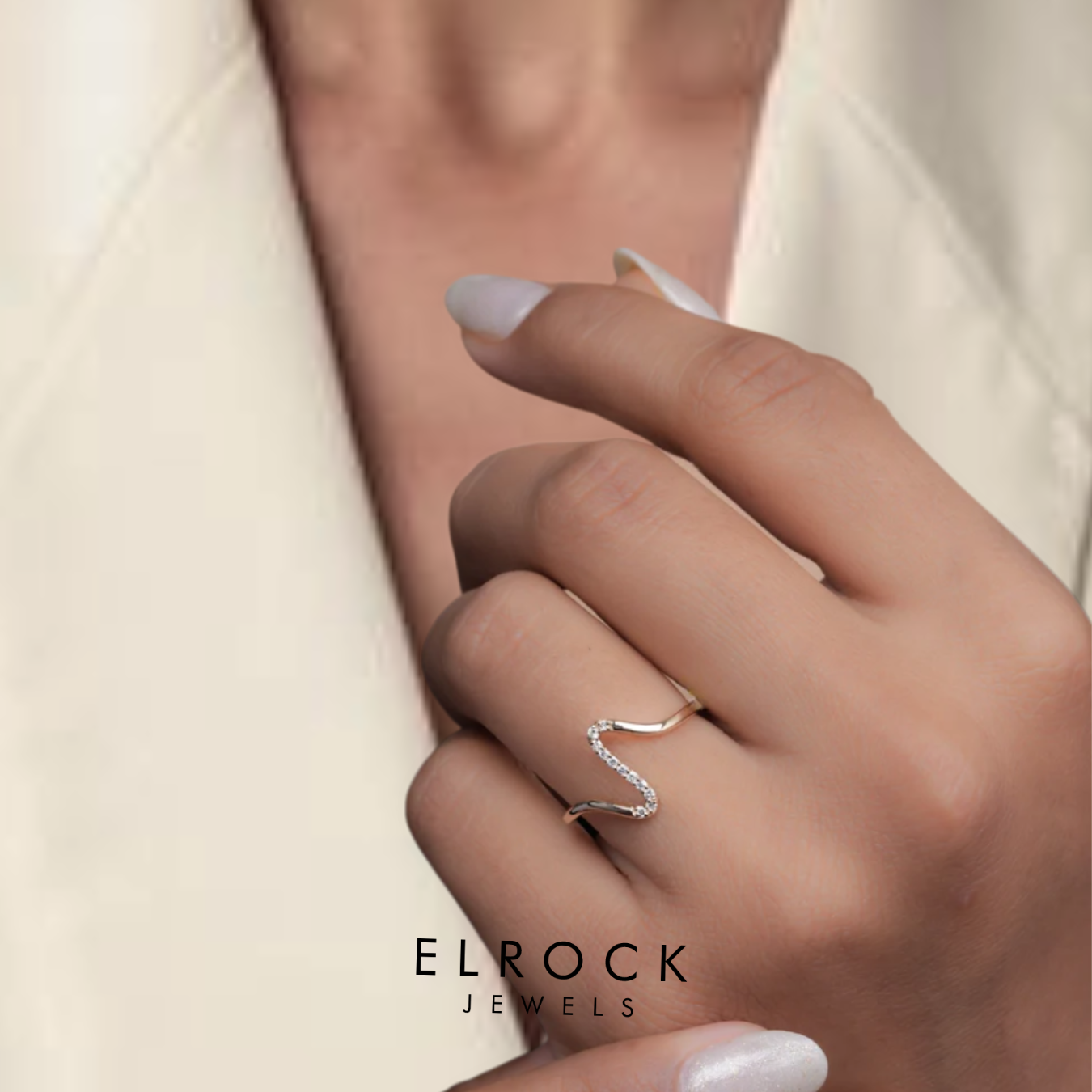 Diamond Wave Ring, Dainty Curved Stacking Band