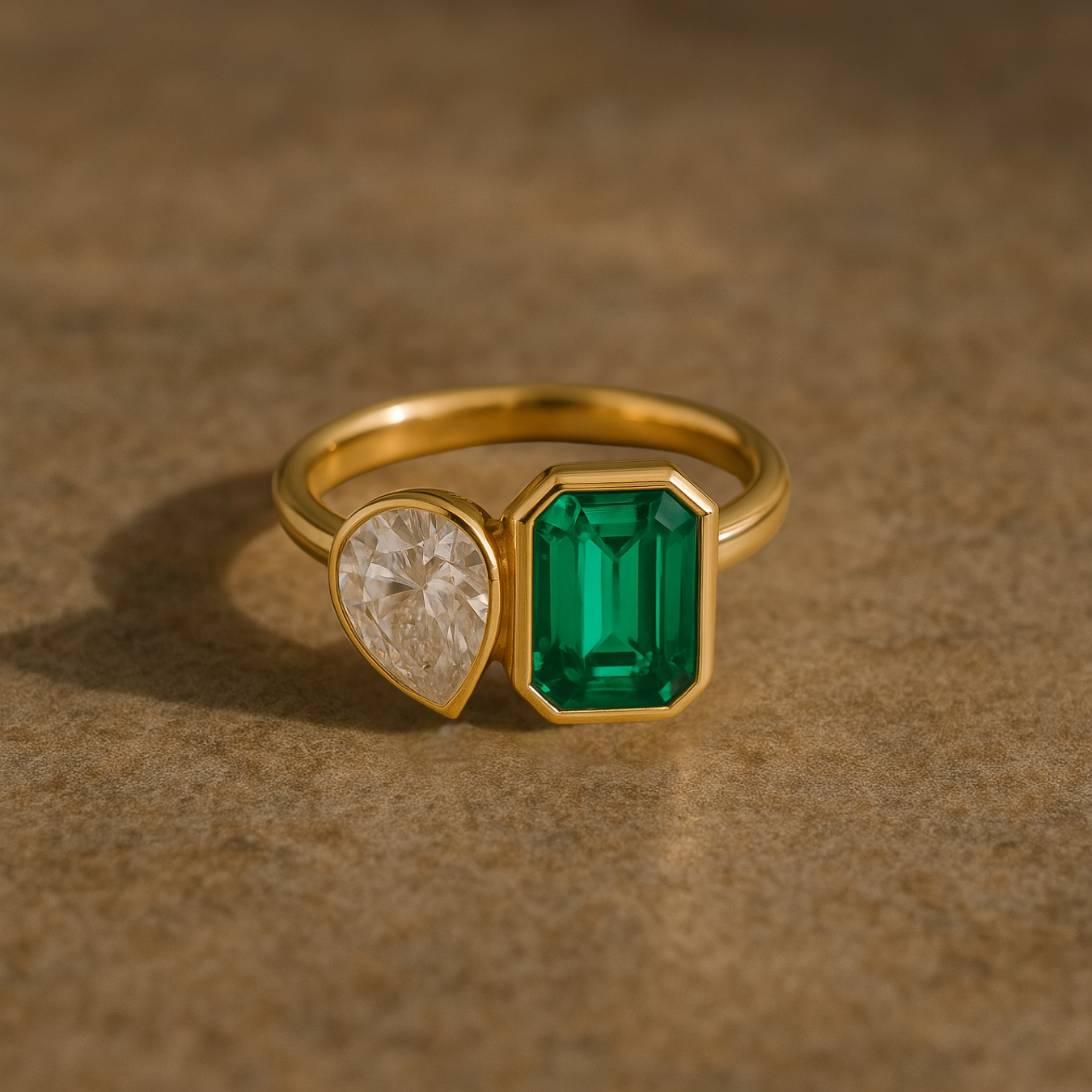 14K Solid Gold Toi et Moi Ring, Bezel Set Lab Grown Pear & Emerald Engagement Ring