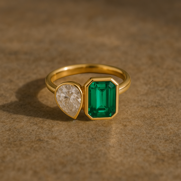 14K Solid Gold Toi et Moi Ring, Bezel Set Lab Grown Pear & Emerald Engagement Ring